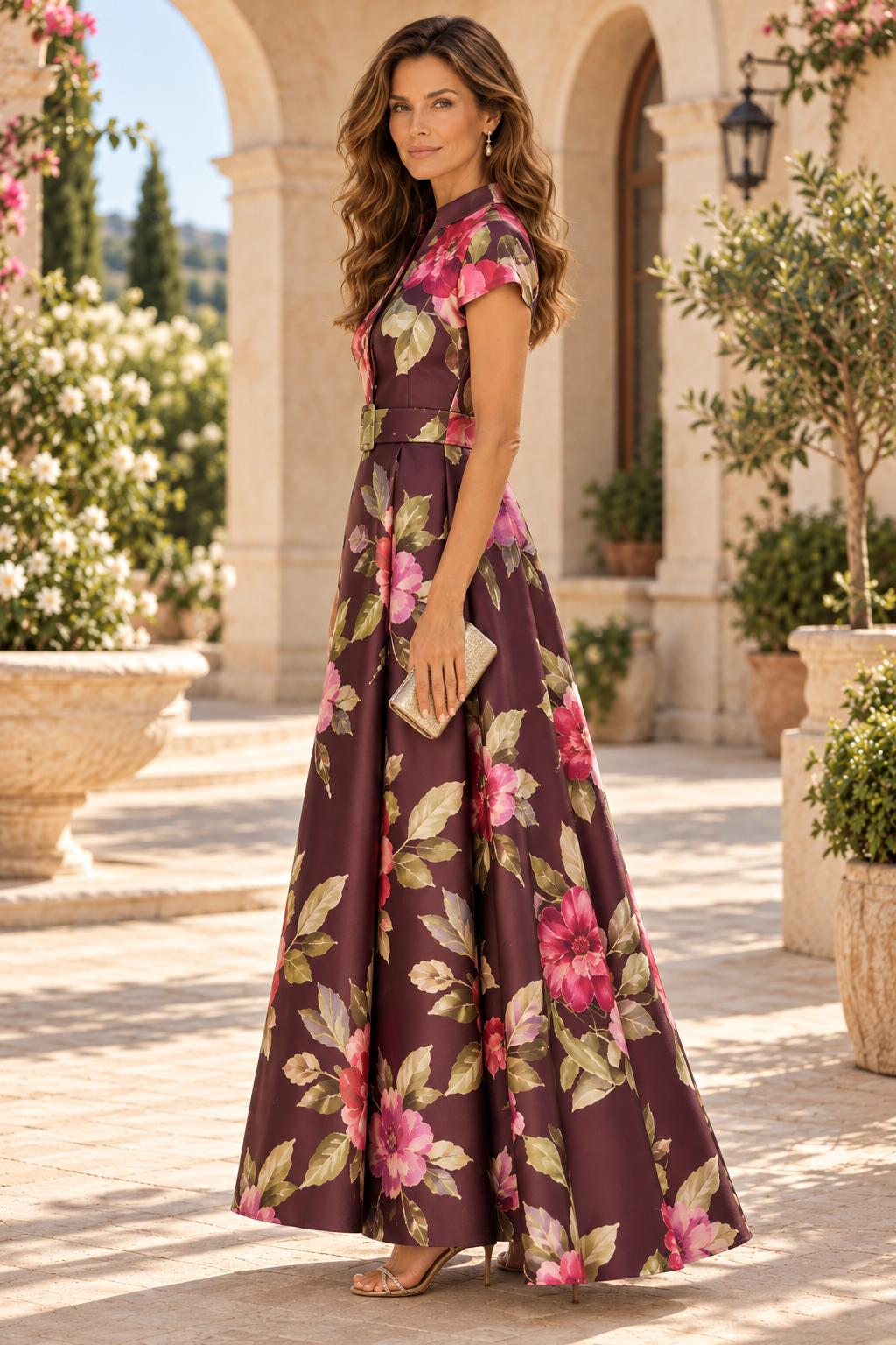 Floral Print Belted A-Line Evening Gown