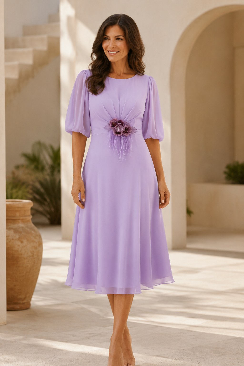 A-Linien Chiffon-Midikleid mit Blumenapplikation