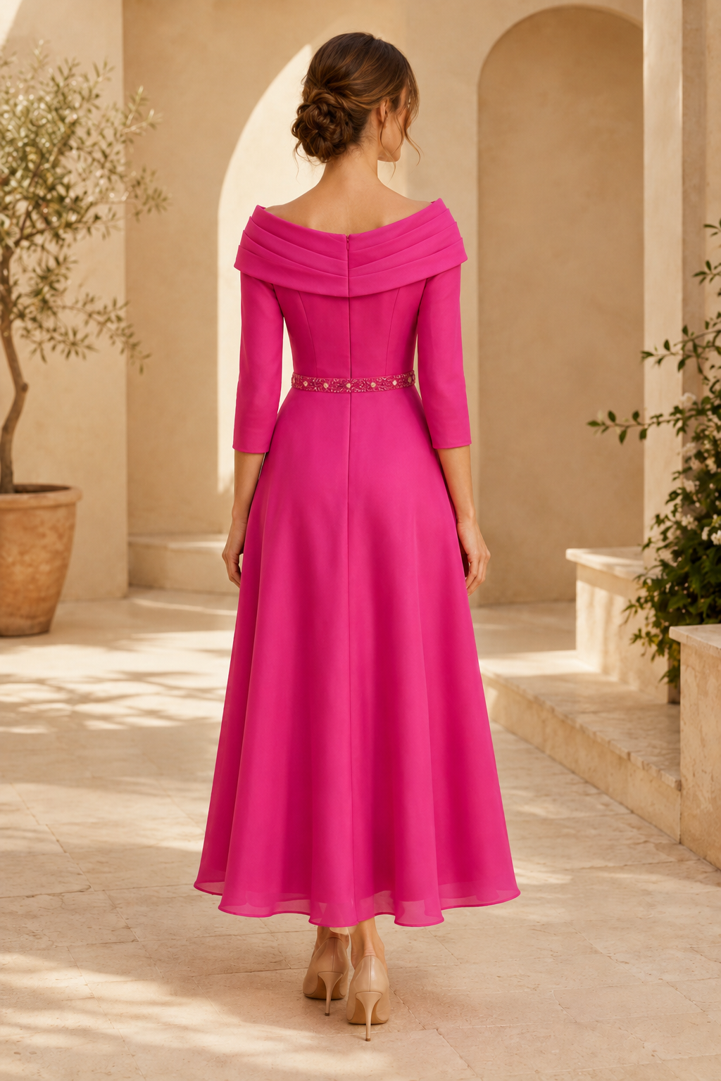Porträtausschnitt A-Linien-Kleid mit Rosette