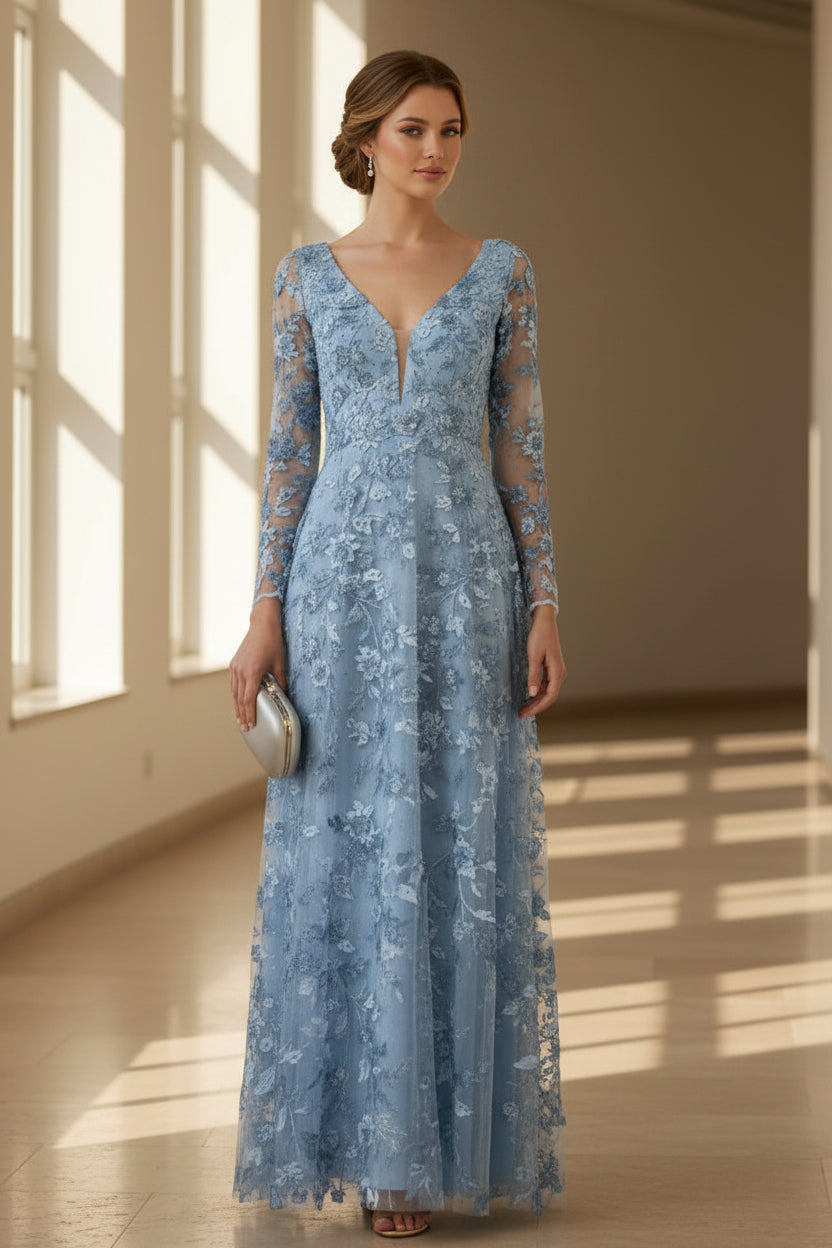 3D-Blumenapplikation Langarm A-Linien-Kleid