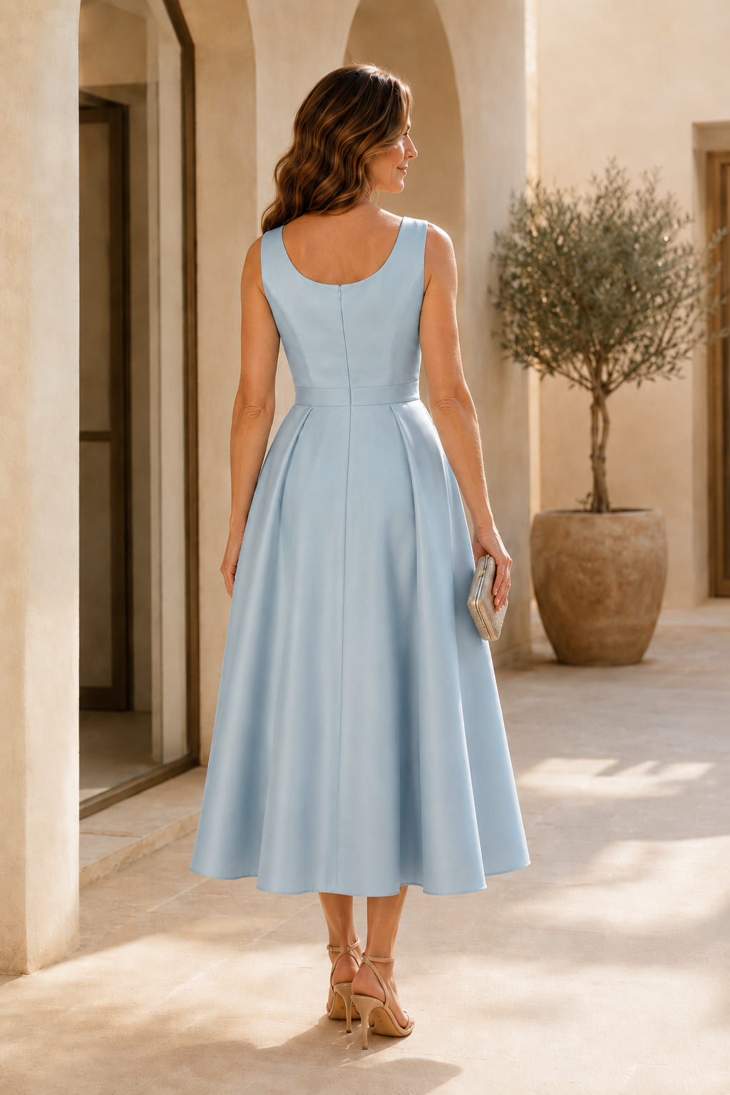 Satin A-Linien-Kleid in Teelänge mit Blumenstickerei