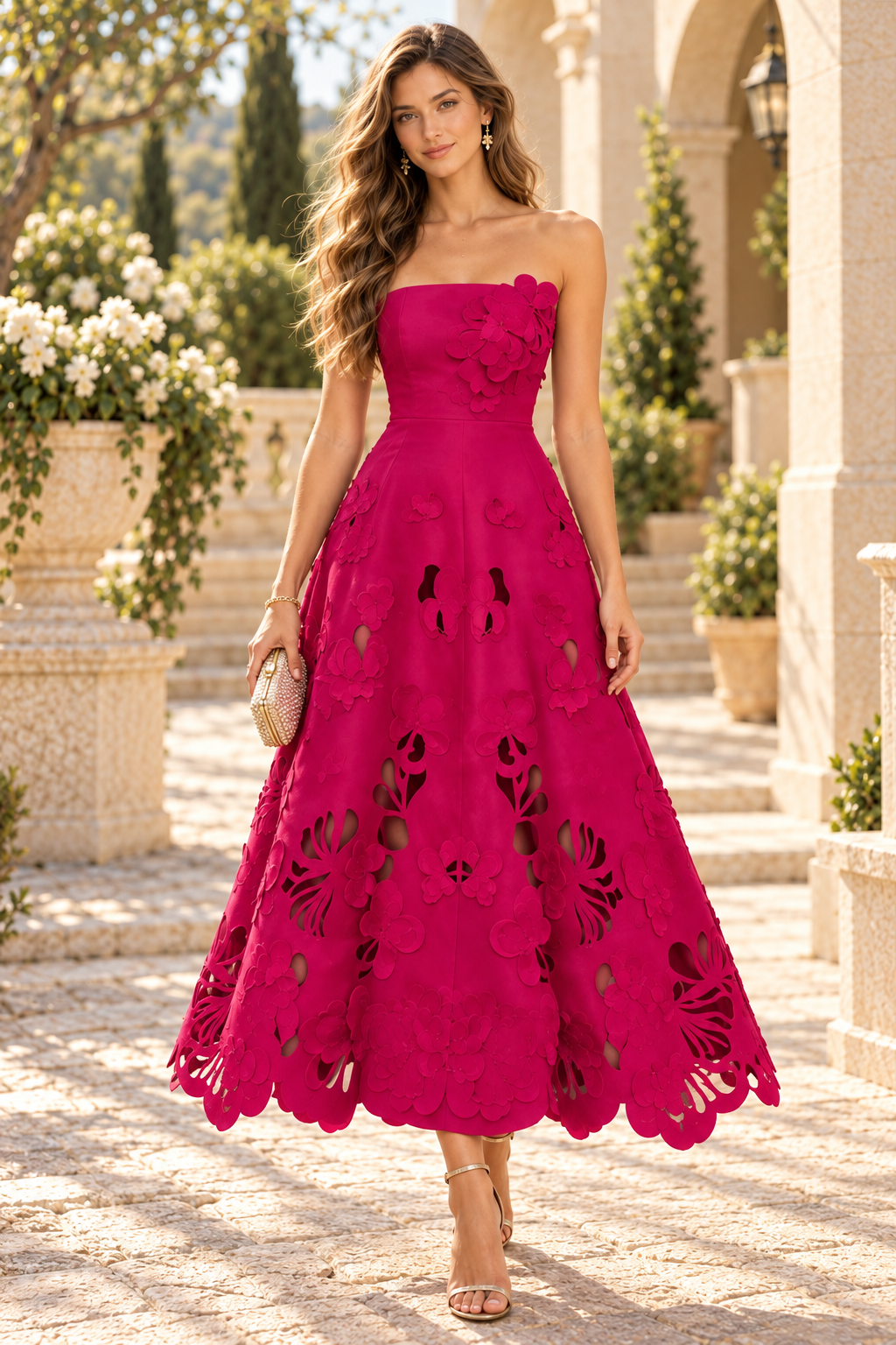 Strapless Floral Cutout Ankle-Length A-Line Dress