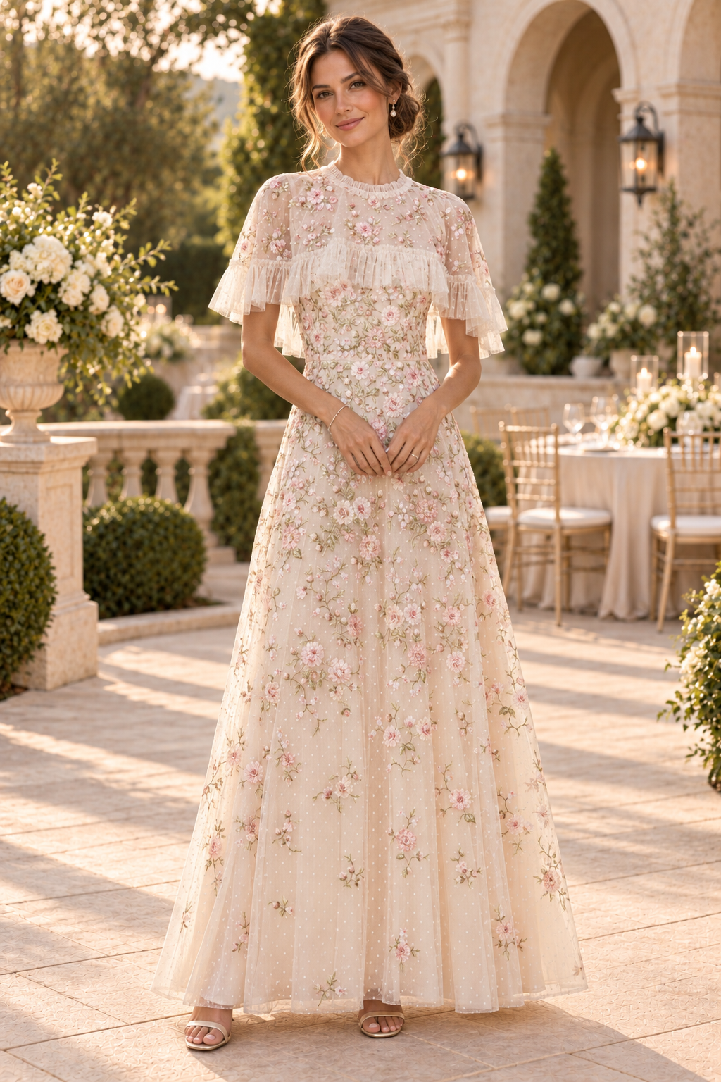 Embroidered Floral A-Line Gown with Capelet