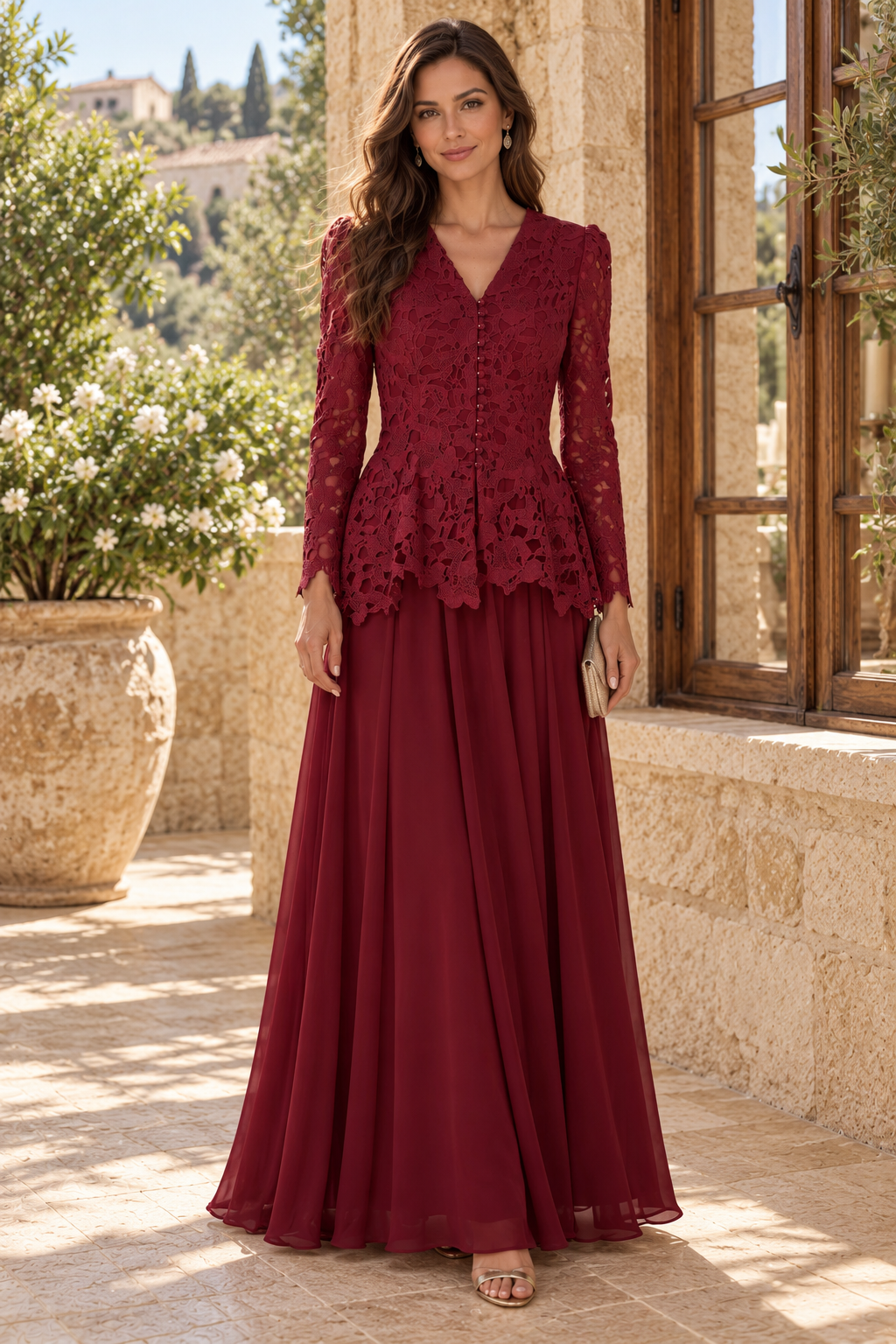 Peplum Lace Bodice V-Neck Evening Dress