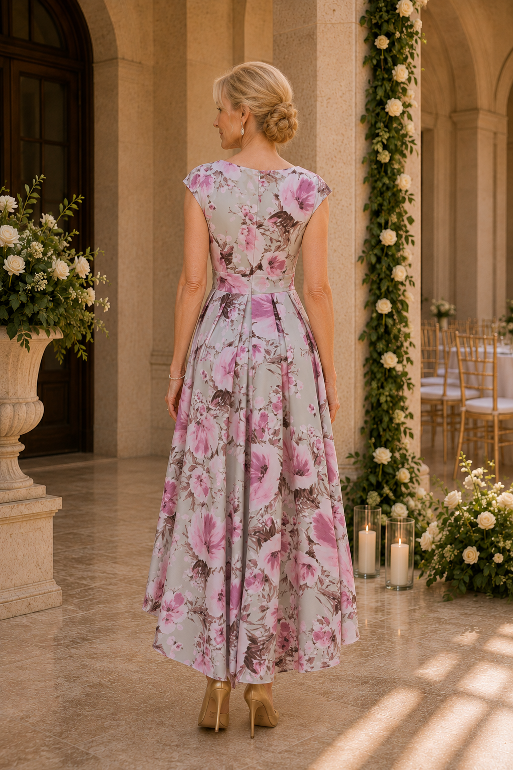 Geblümtes High-Low A-Linien-Kleid mit Flügelärmeln