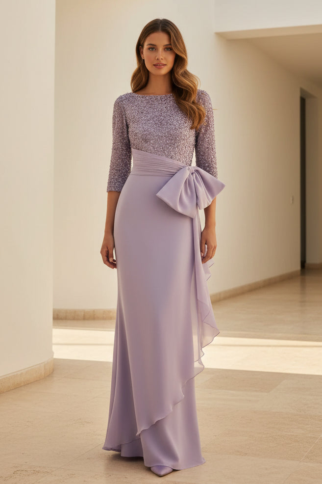 Paillettenbesetztes Abendkleid mit 3/4-Ärmeln und Schleife