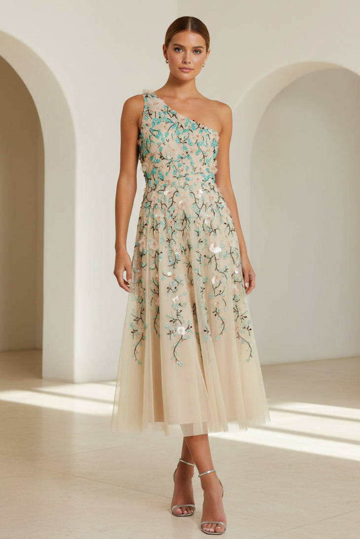 Ein-Schulter-besticktes A-Linien-Midikleid