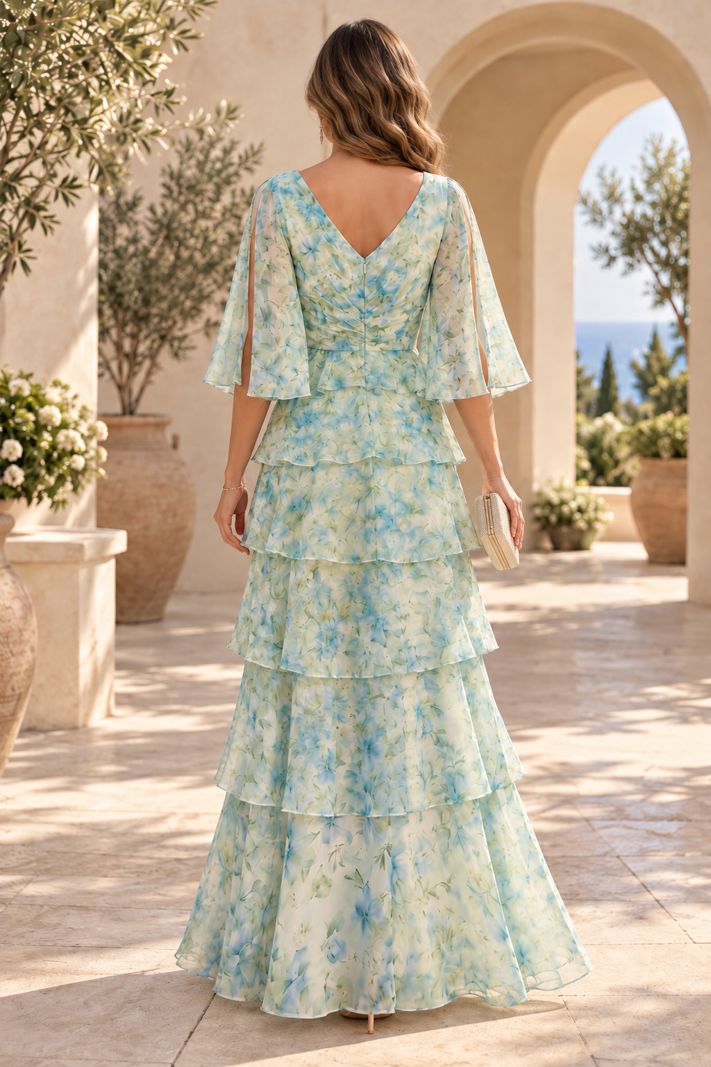 Tiered Floral Print Maxi Dress with Flutter Sleeves