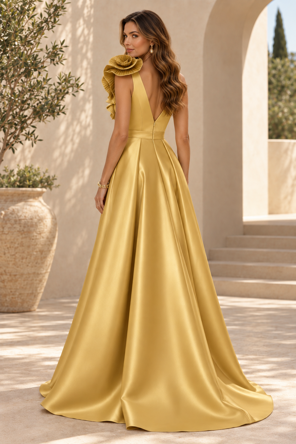 Sequin Sheath Evening Gown with Rosette & Overskirt