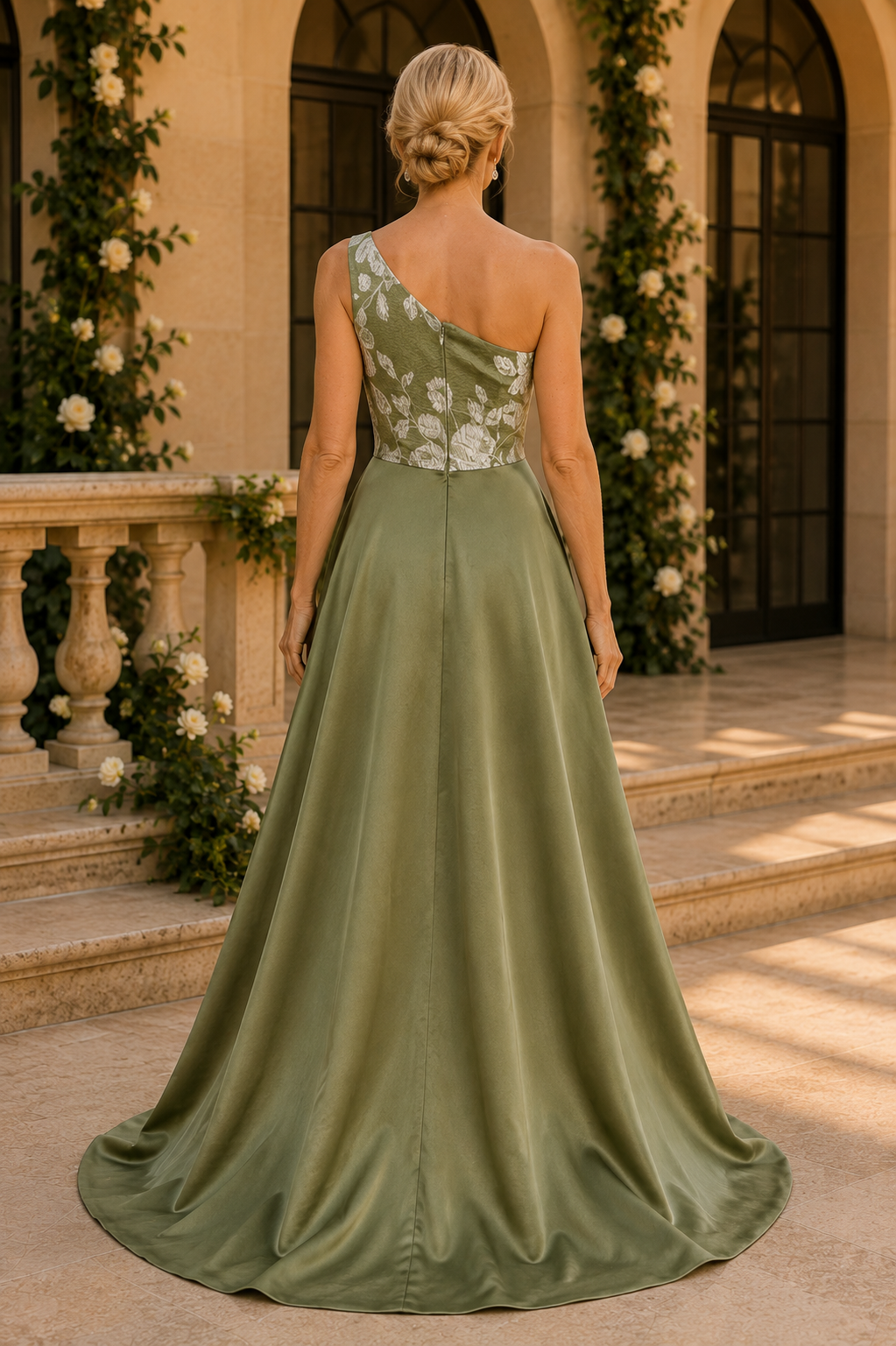 Blumen-Jacquard-Abendkleid mit einem Ärmel und Überrock