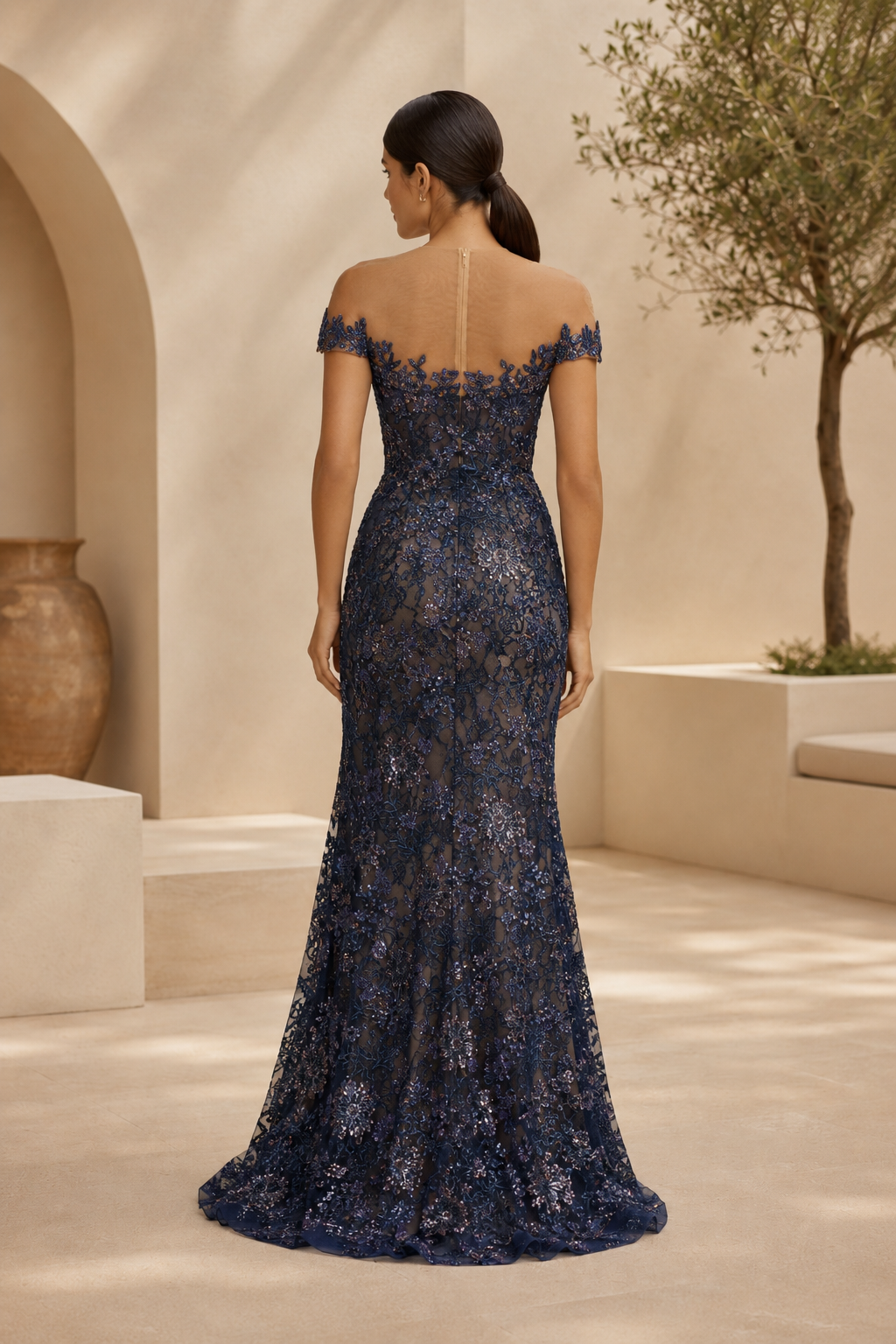 Schulterfreies Meerjungfrauen-Abendkleid aus floraler Spitze