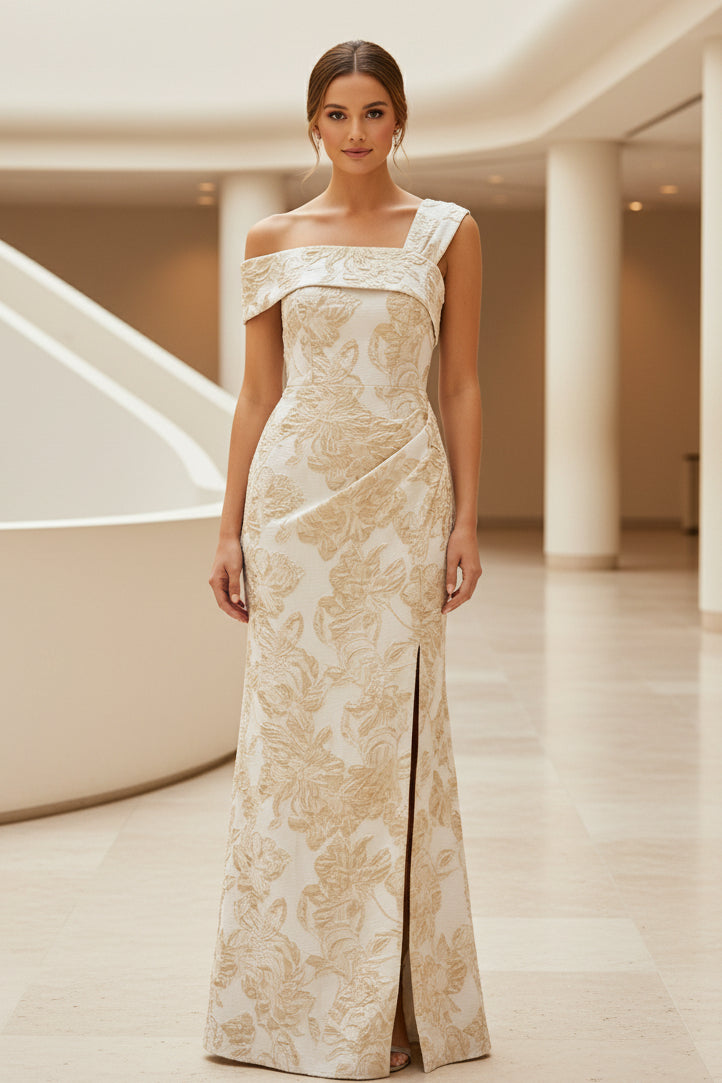 Blumiges Jacquard-Abendkleid mit One-Shoulder und Schlitz