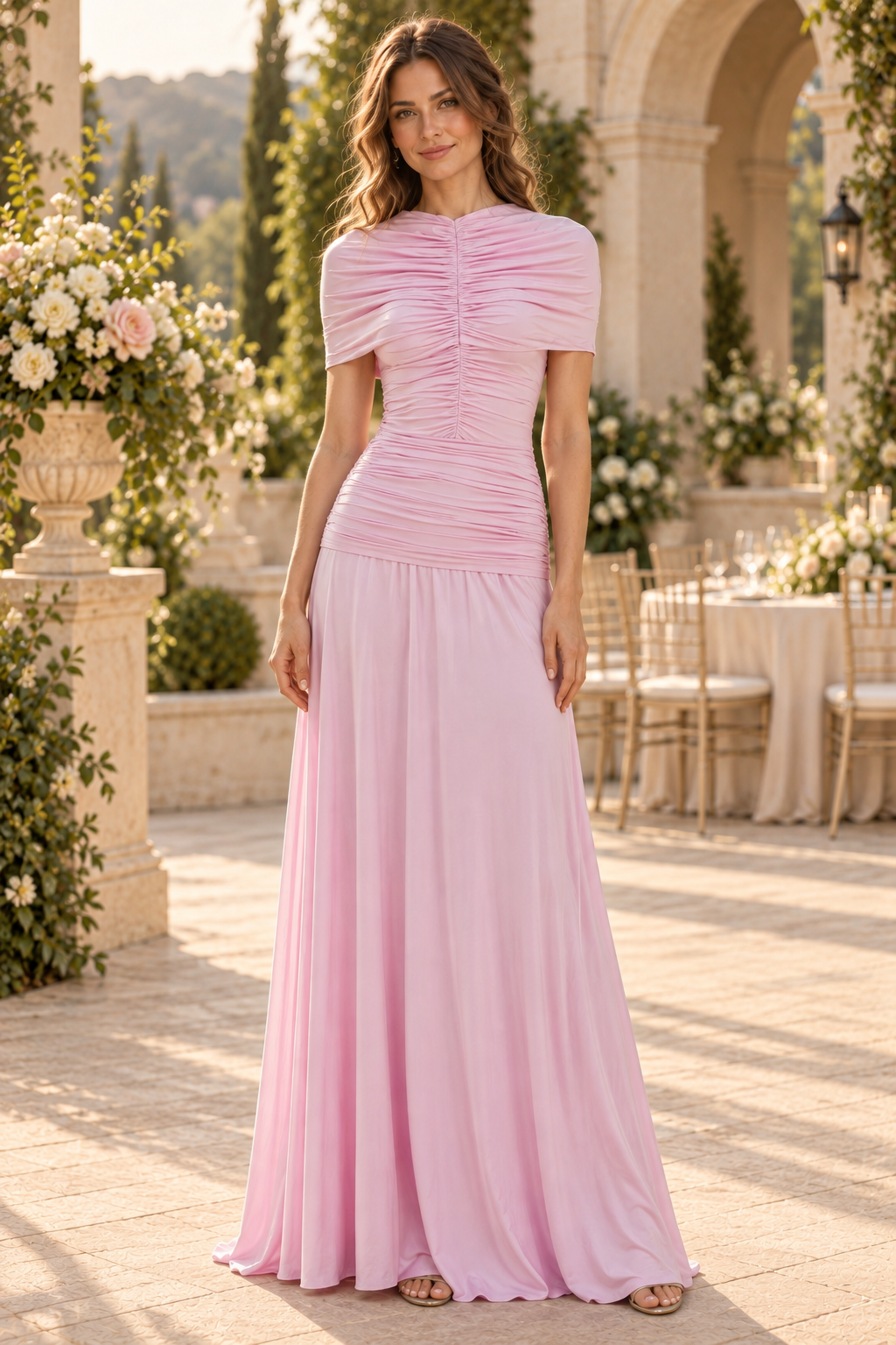 Ruched Drop Waist Cap Sleeve Evening Gown