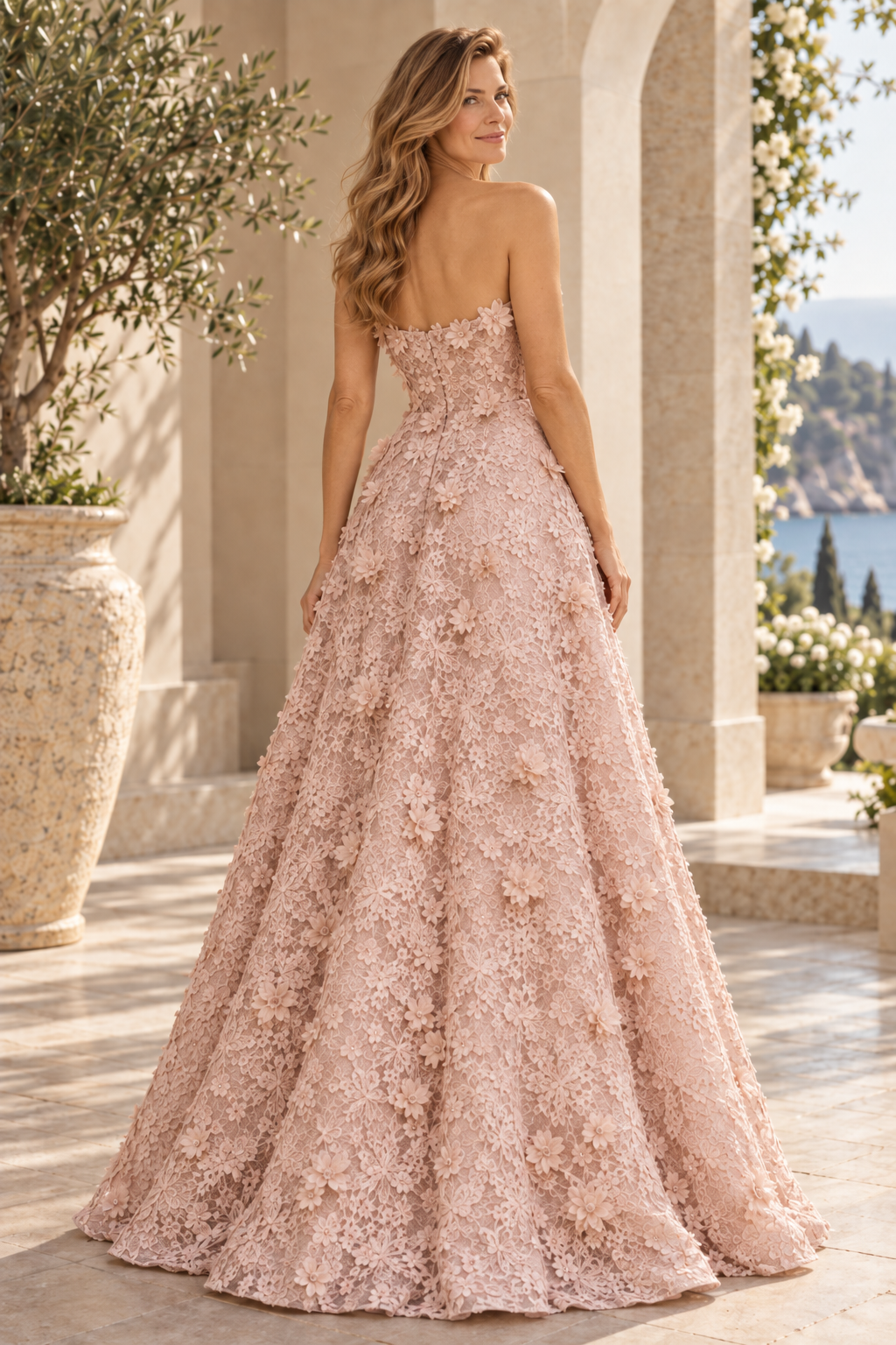 Strapless 3D Floral Lace A-Line Evening Gown