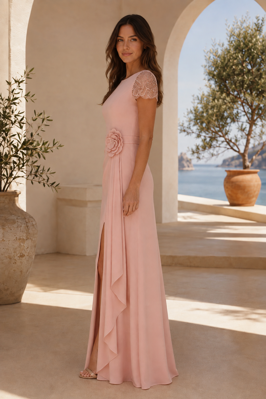Perlenbesetztes Kleid mit Flügelärmeln und Taillendetail mit 3D-Blumen