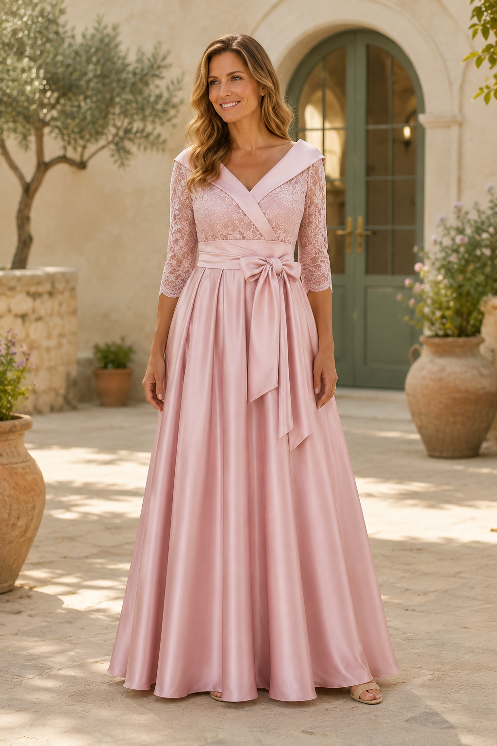 Abendkleid aus Spitze mit A-Linie und Schärpe