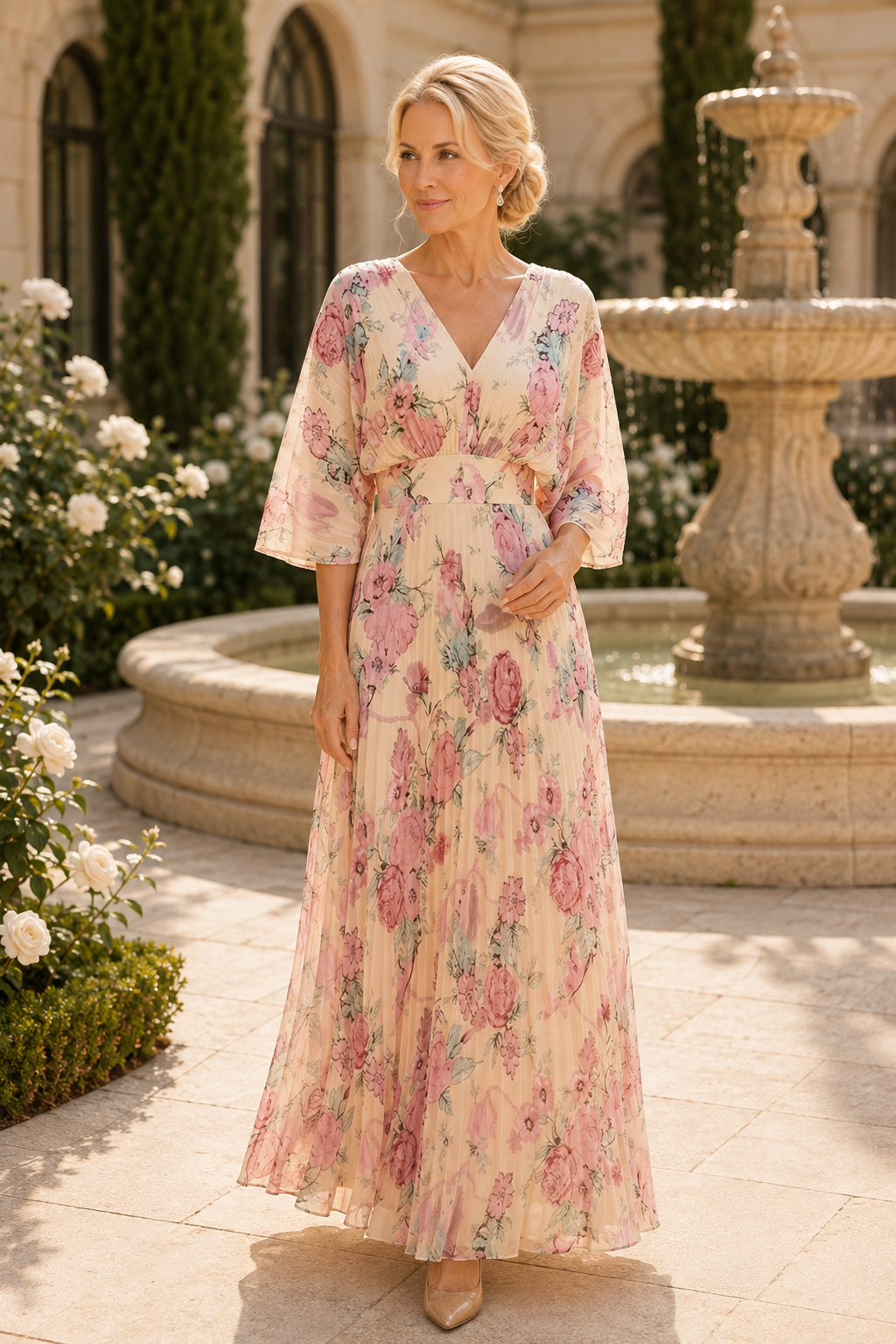 Geblümtes plissiertes Maxikleid mit Glockenärmeln