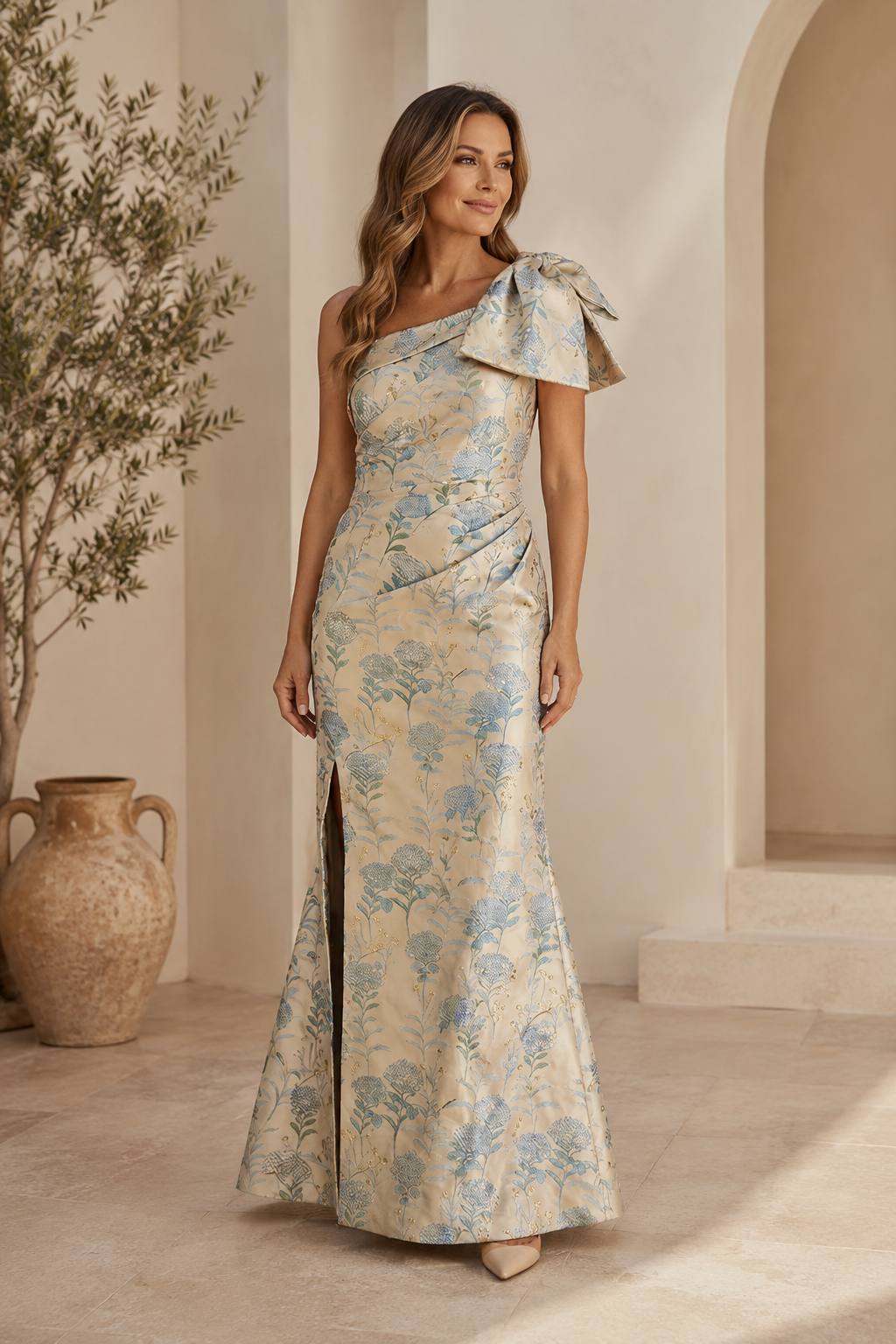 One Shoulder Blumen-Jacquard-Kleid mit Schleifendetail