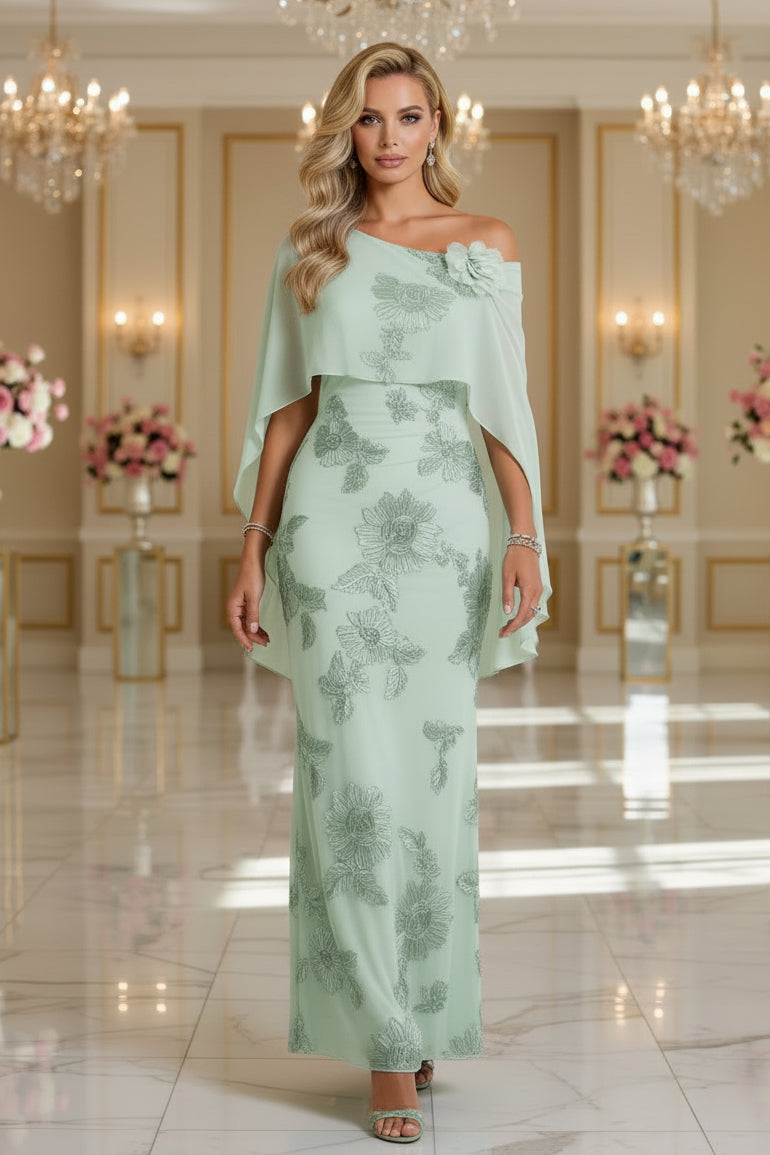 Blumen-Abendkleid mit One-Shoulder-Cape