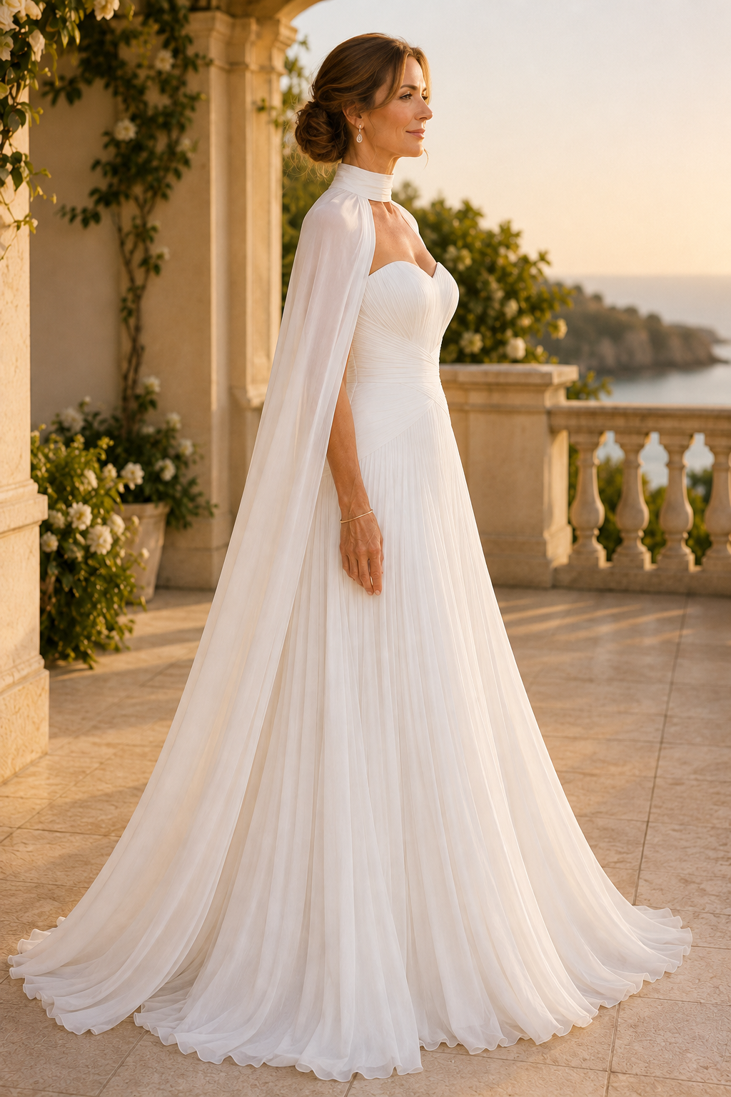 Plissiertes A-Linien-Kleid mit hochgeschlossenem Umhang