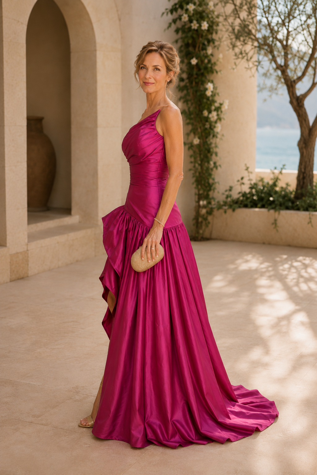 Raffinierte One-Shoulder-Robe mit Stufenrock und High-Low-Saum