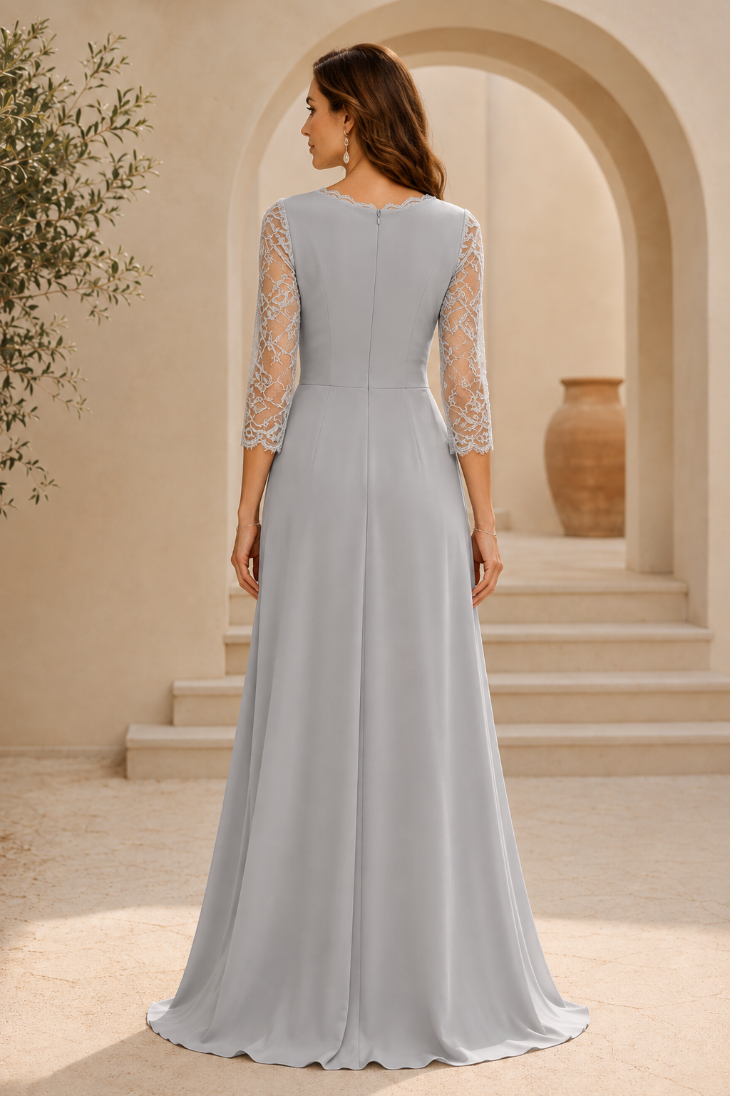 Spitzenkleid mit 3/4-Ärmeln, plissiertem A-Linien-Rock und 3D-Blumen