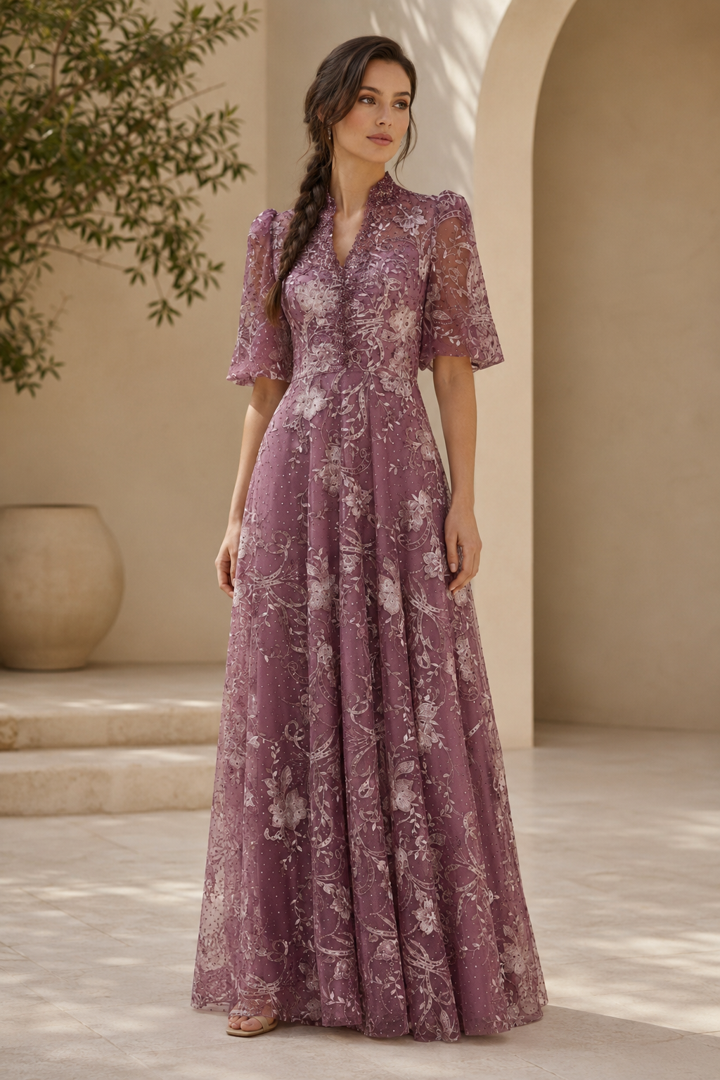Geblümtes, besticktes Illusion A-Linien-Kleid mit hohem Kragen