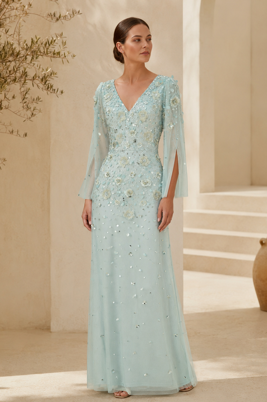 Florales Perlenabendkleid mit langen Ärmeln