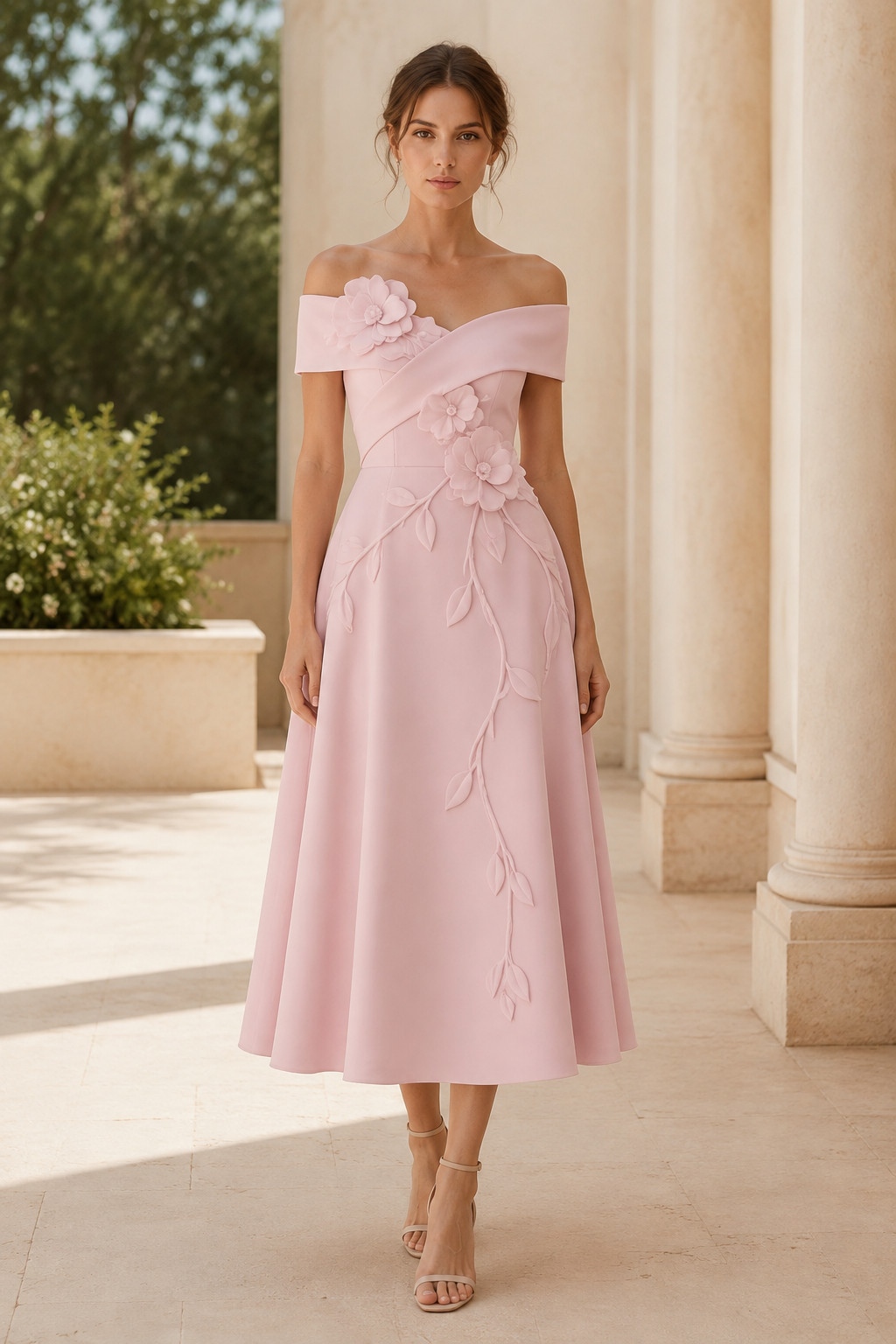 Carmen Midi-Kleid mit Blumenapplikationen in A-Linie