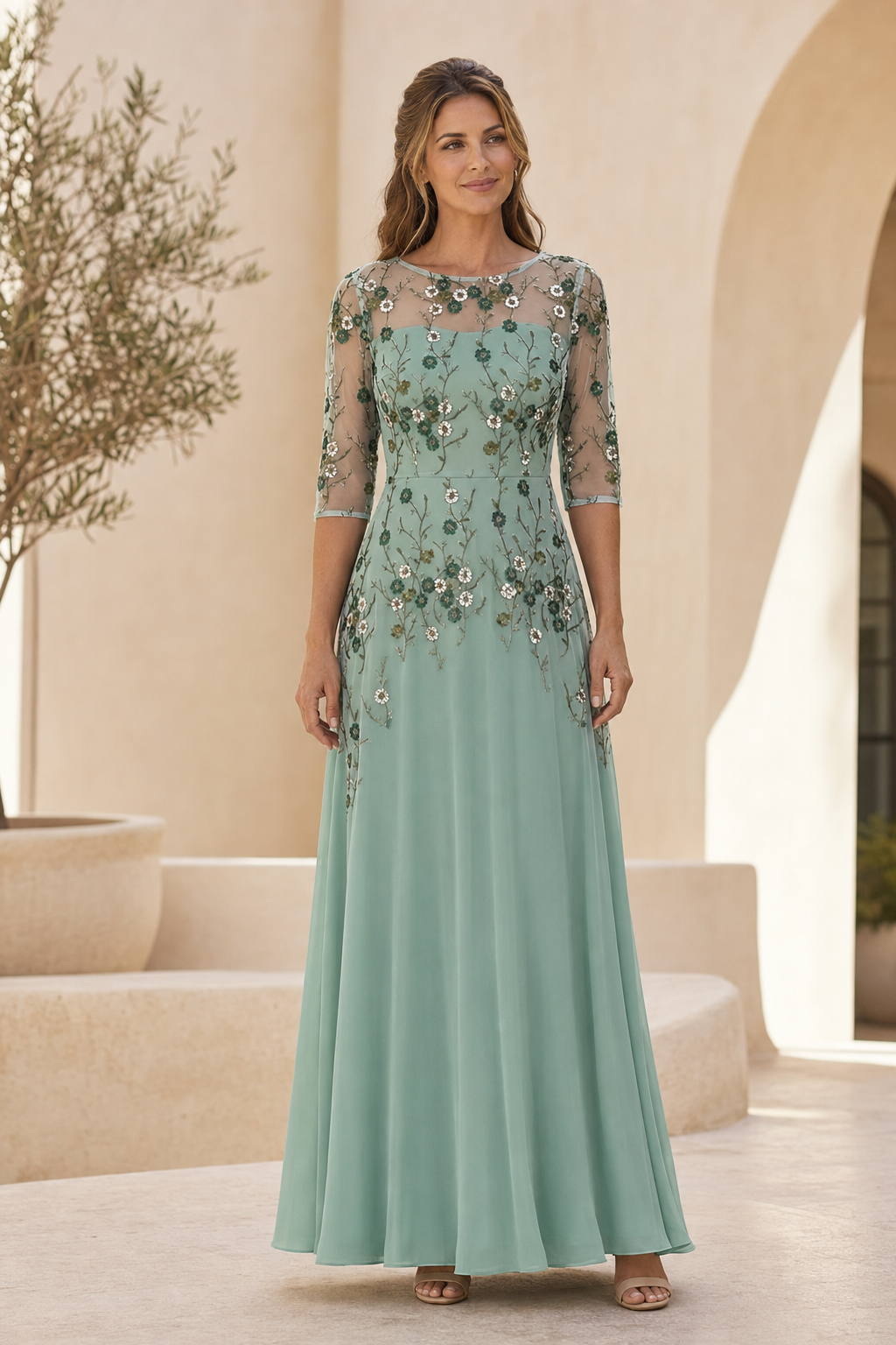 Besticktes geblümtes Illusion-Maxikleid in A-Linie
