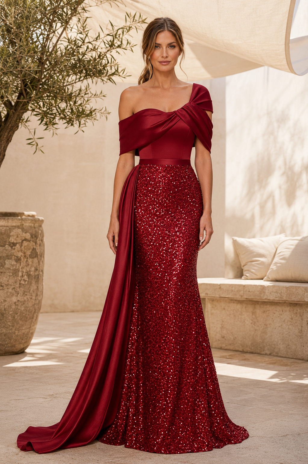 Ein schulterfreies Paillettenkleid mit seitlichem Satindrapee