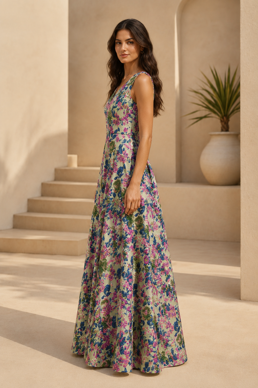 Florales Jacquard Maxikleid in A-Linie