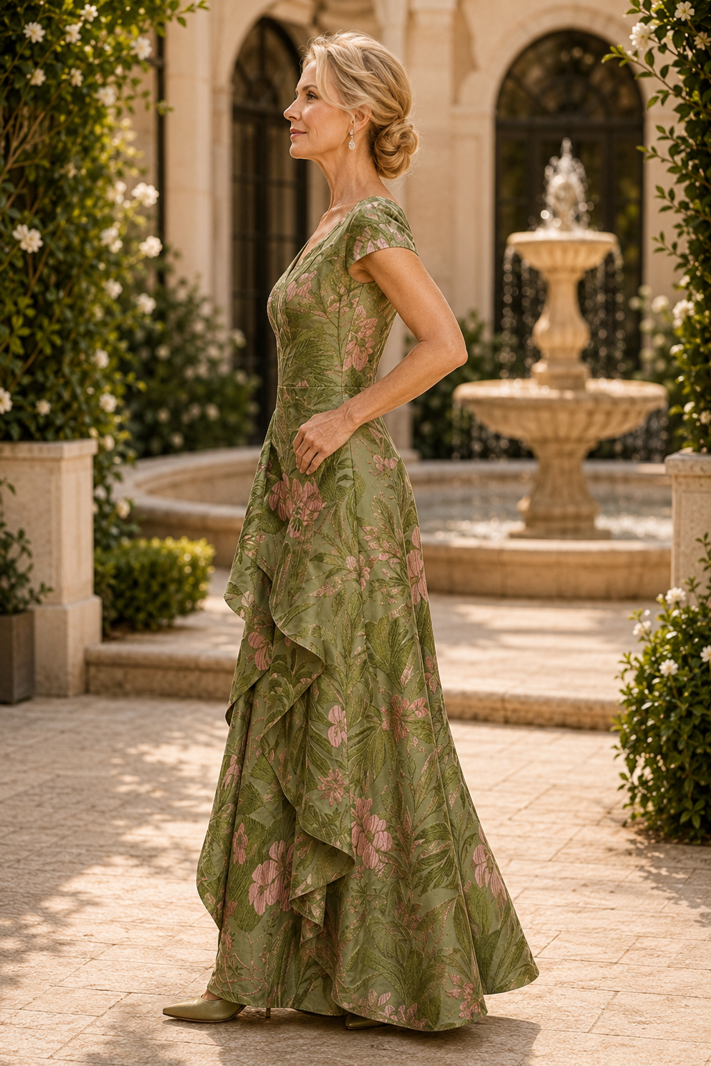 Geblümtes Jacquard A-Linien-Kleid mit Stufenrüschen