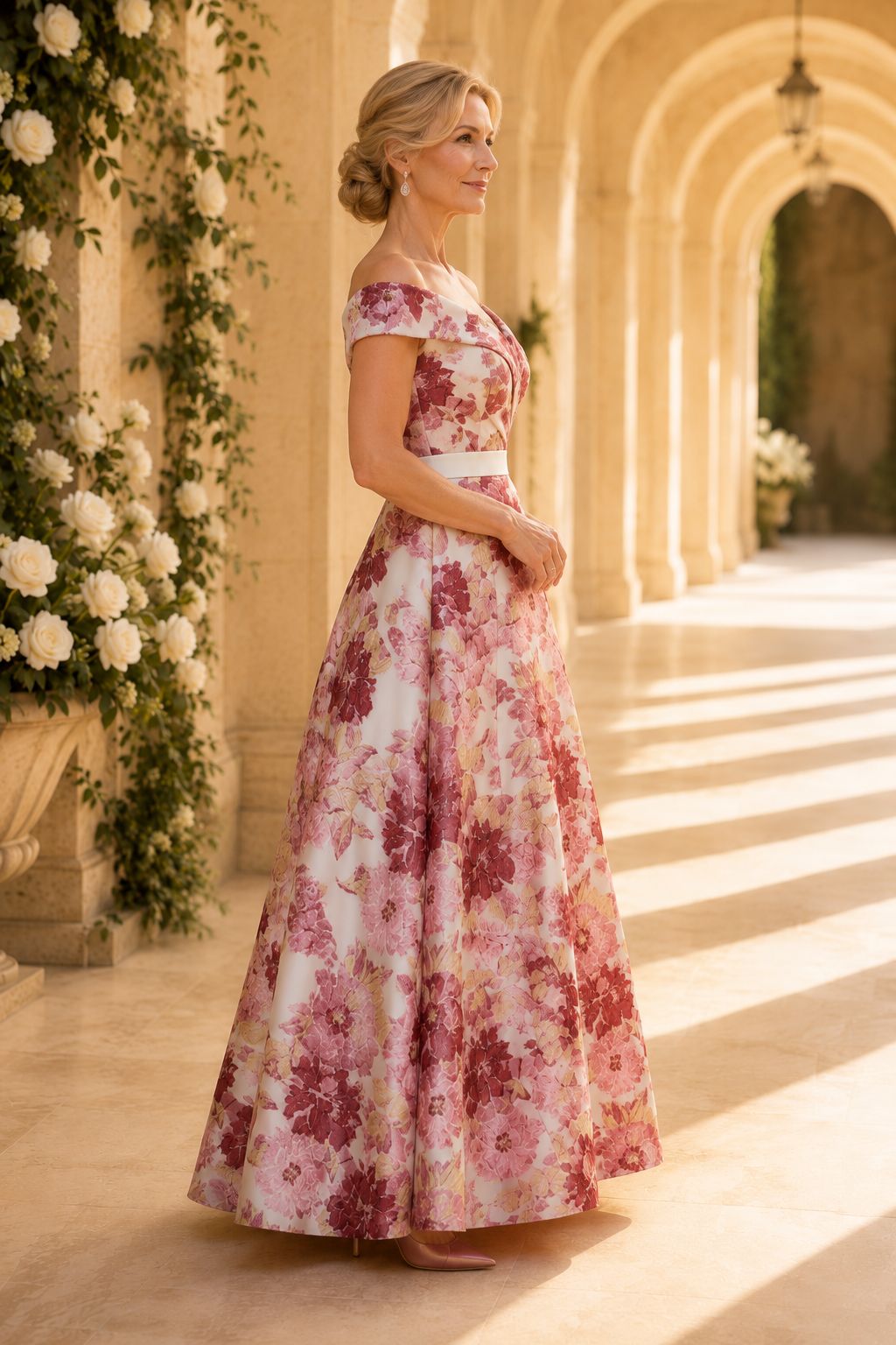 Schulterfreies geblümtes A-Linien-Kleid mit Taillenbund