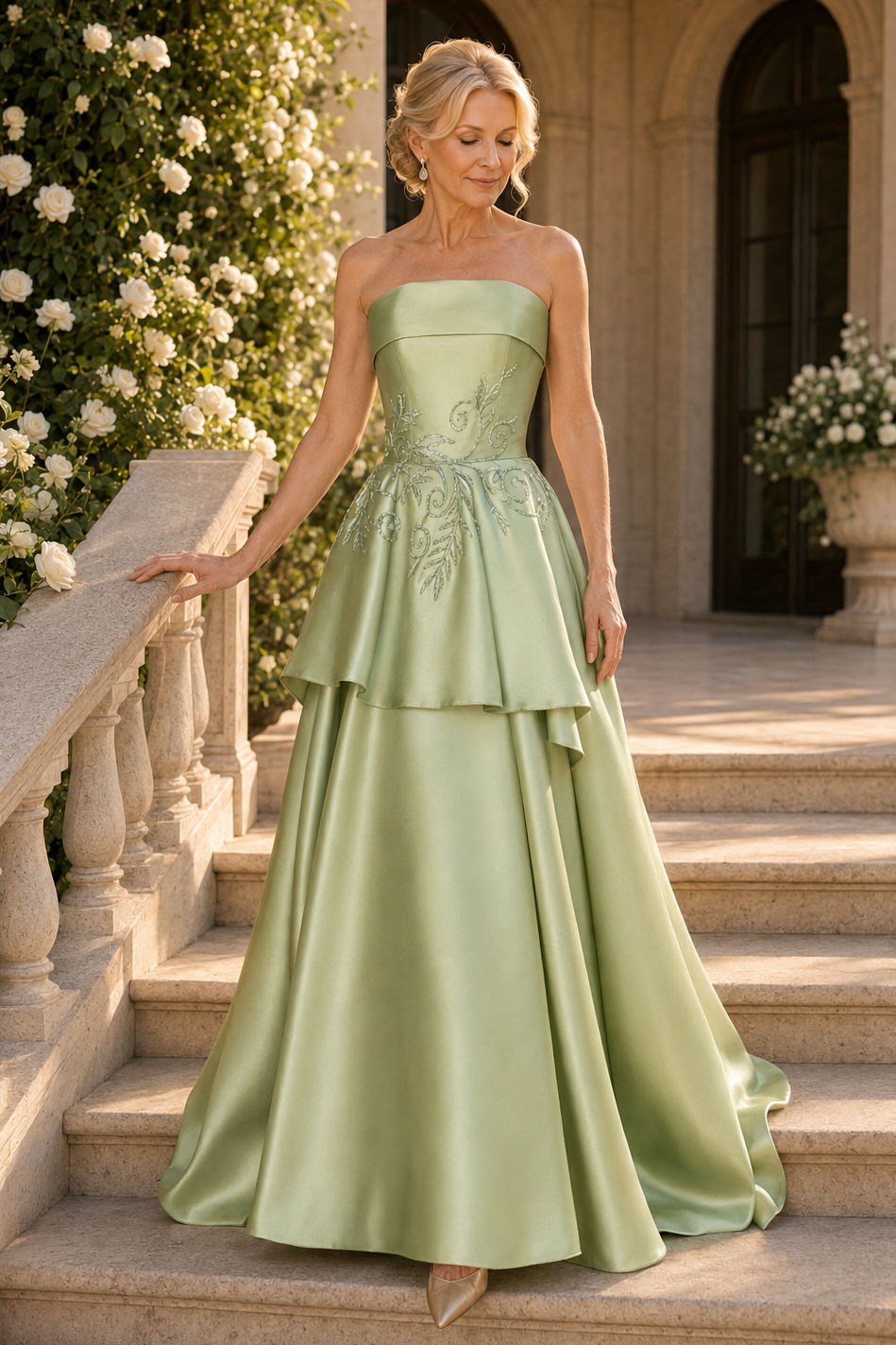 Trägerloses, gestuftes Satin-Abendkleid mit Stickereien