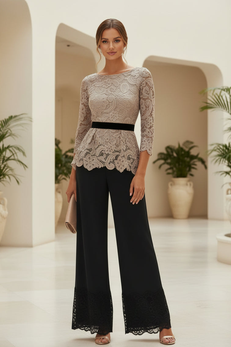 Set aus Spitzen-Peplum-Oberteil und Chiffon-Hose mit weitem Bein