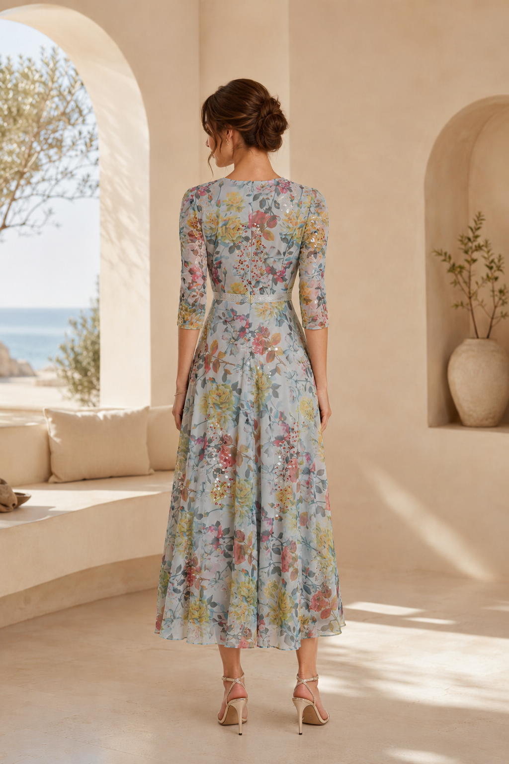 Blumiges Pailletten-Midikleid mit 3/4-Ärmeln
