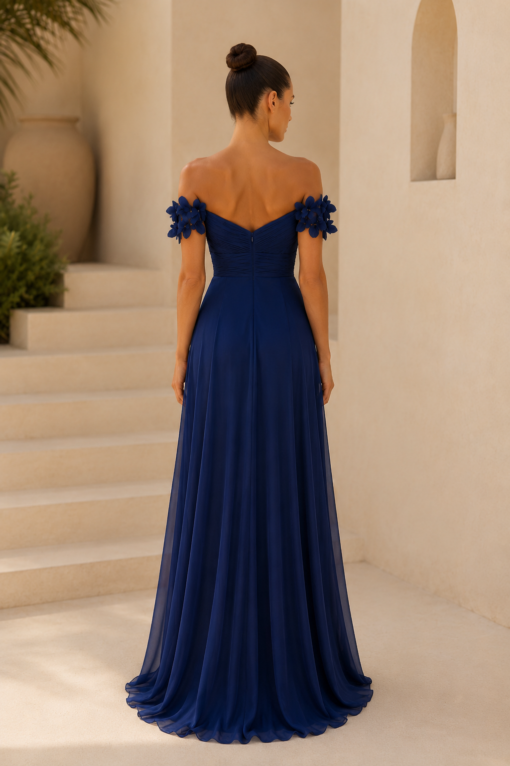 Schulterfreies Abendkleid aus Chiffon mit 3D-Blumen