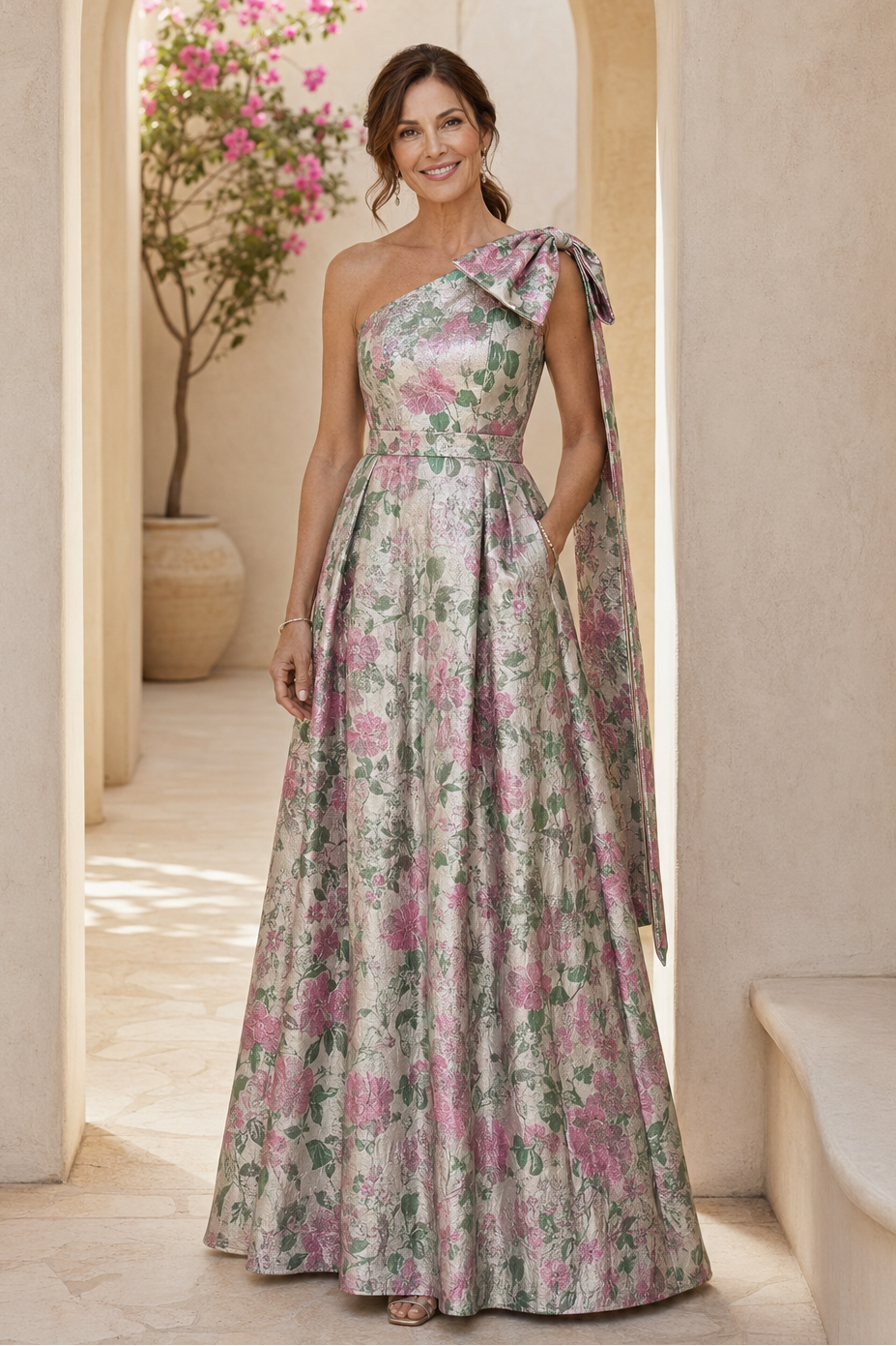 Blumiges A-Linien-Kleid aus Jacquard mit einer Schulter