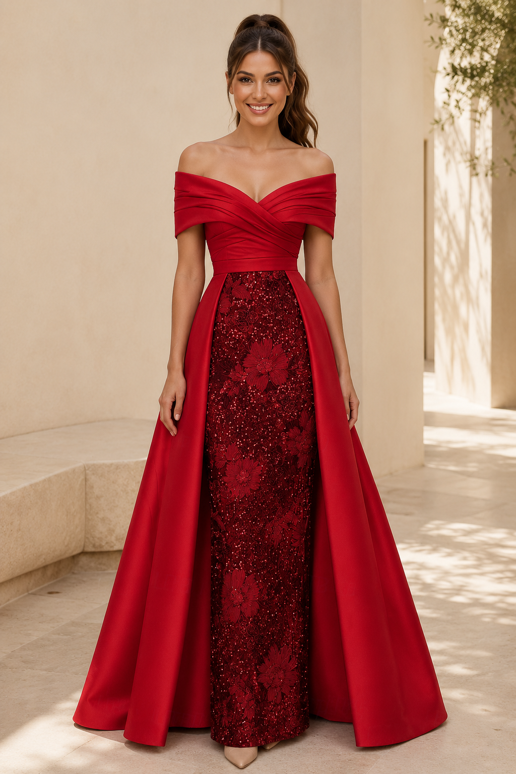 Off-the-Shoulder-Kleid mit floralem Paillettenrock
