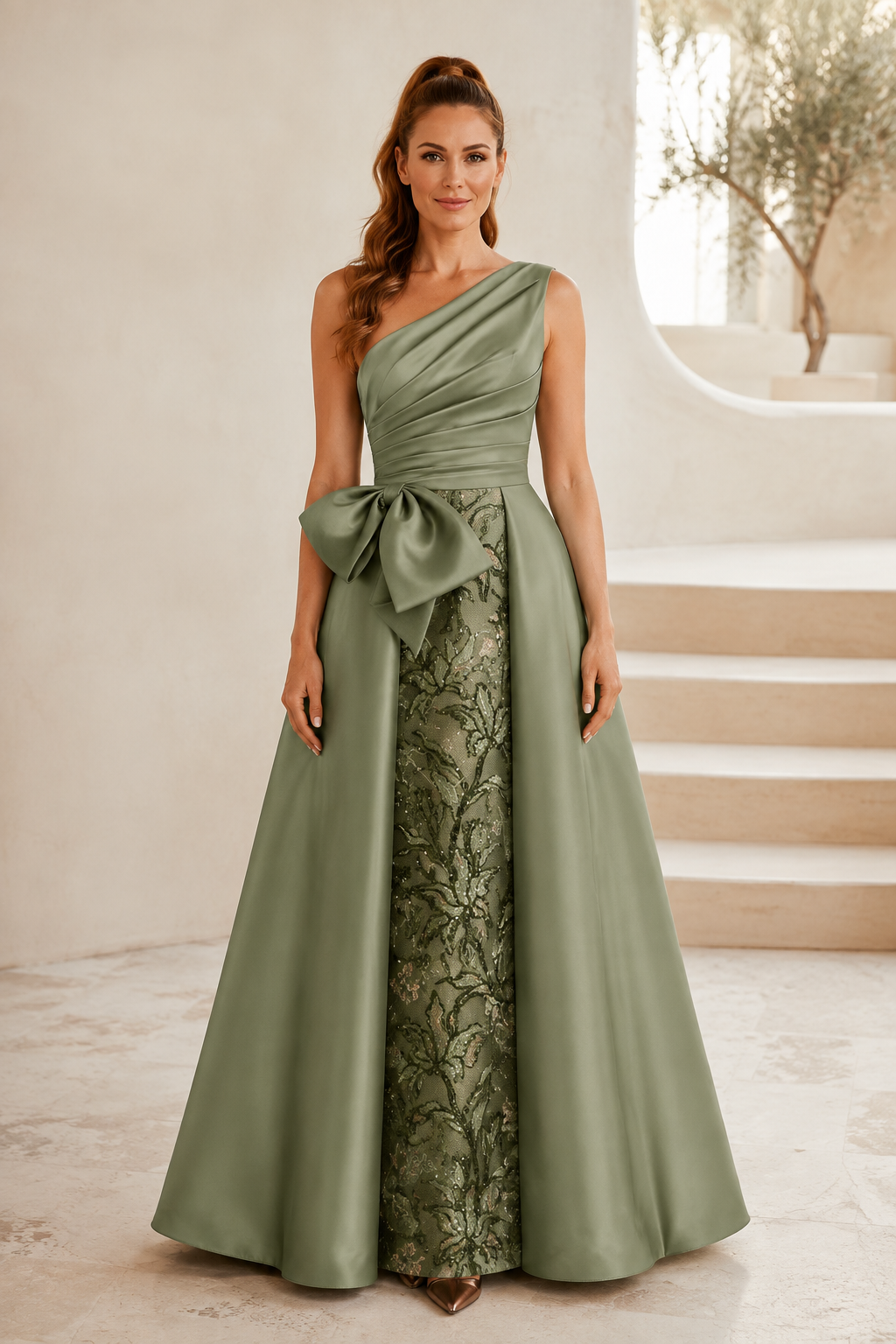 One-Shoulder Plisseekleid mit Paillettenrock & Schleife