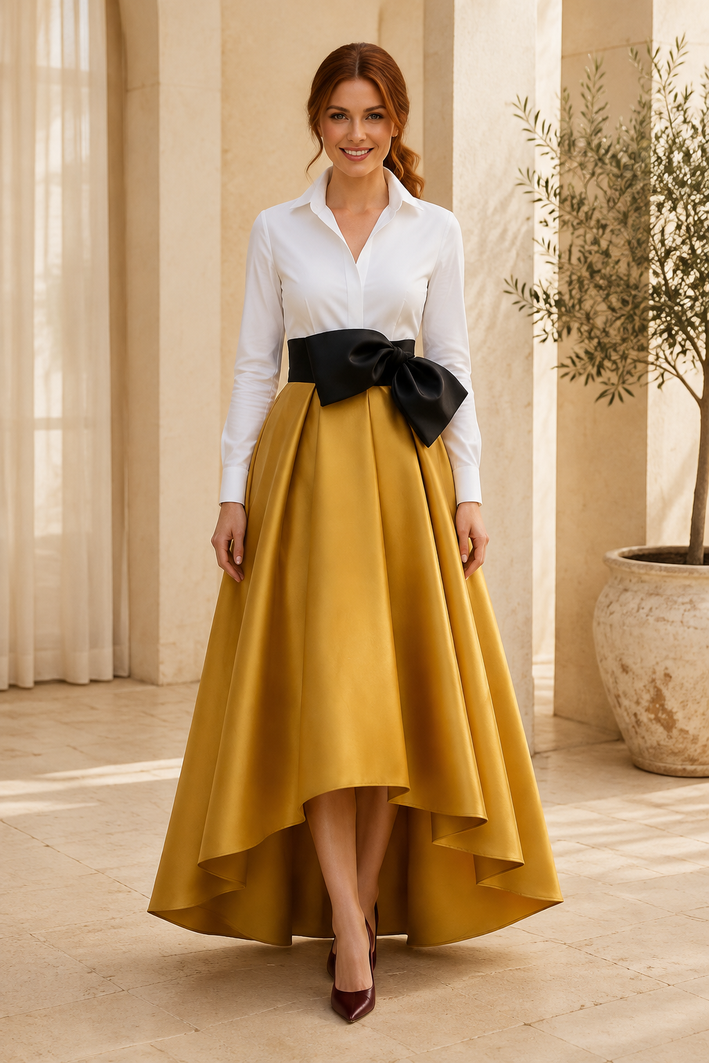 Hemd-High-Low-Kleid mit langen Ärmeln und Schleifengürtel