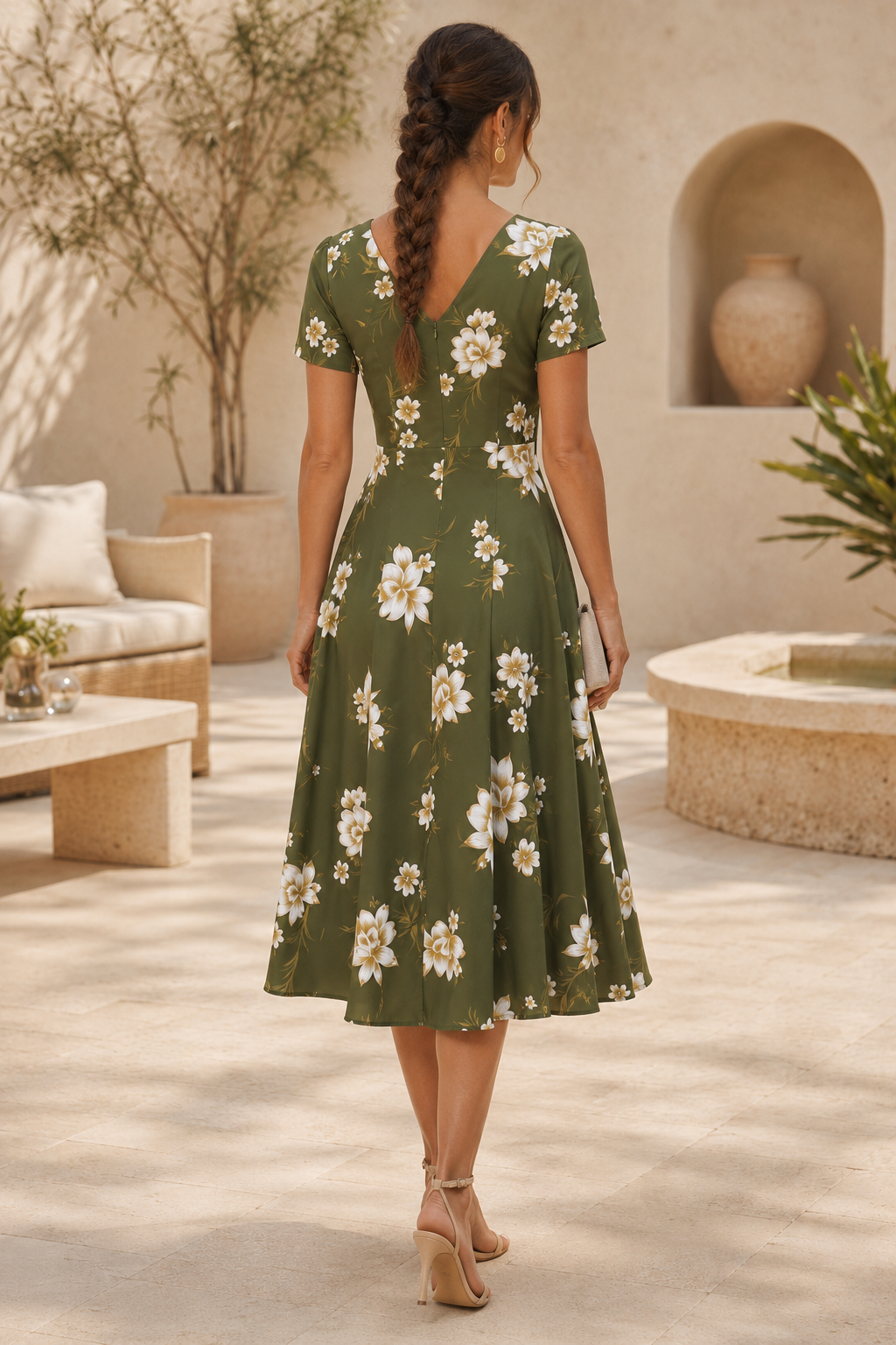 Geblümtes V-Ausschnitt Kurzarm-Midikleid
