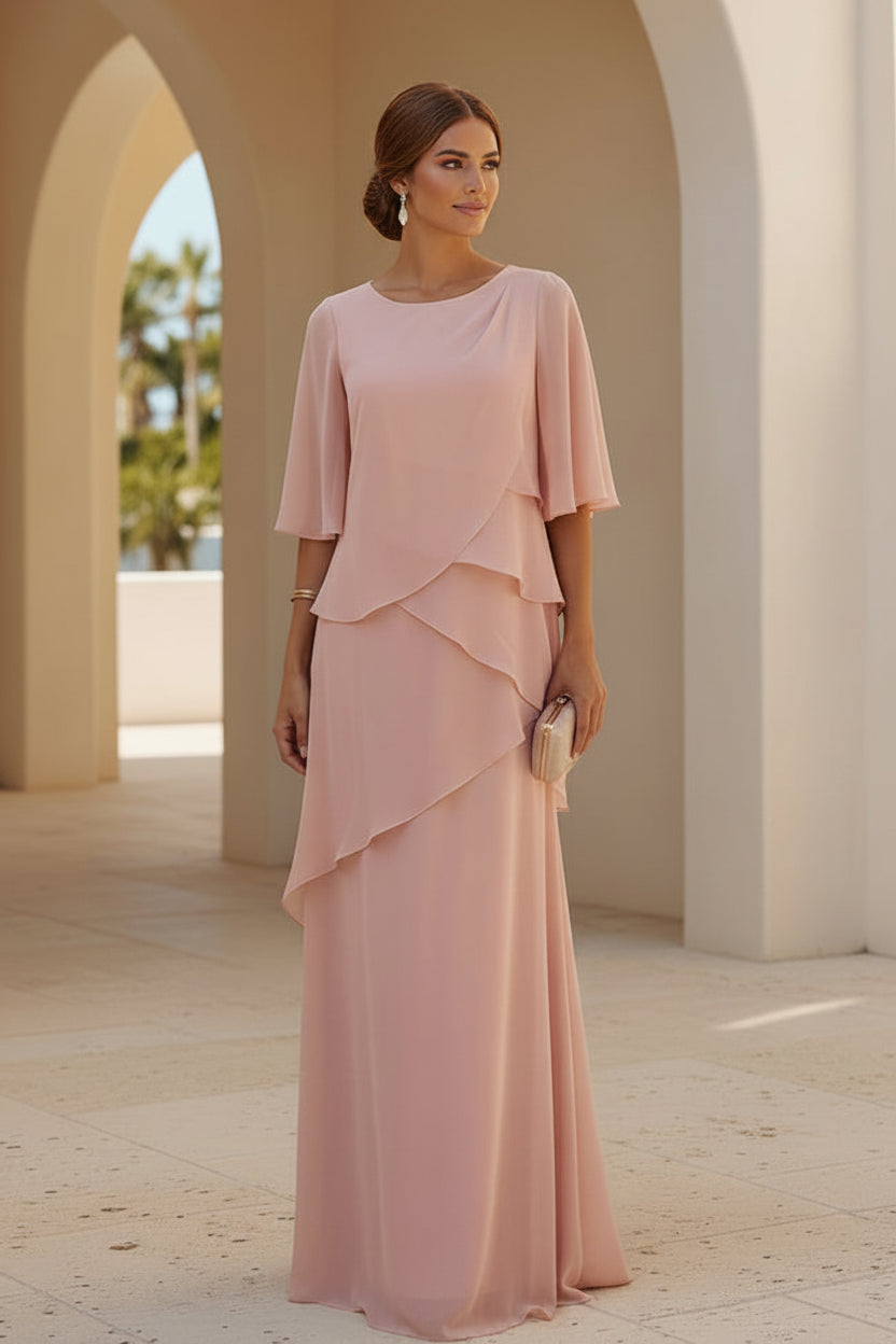 Chiffon Maxi-Abendkleid mit gestuften Rüschenärmeln