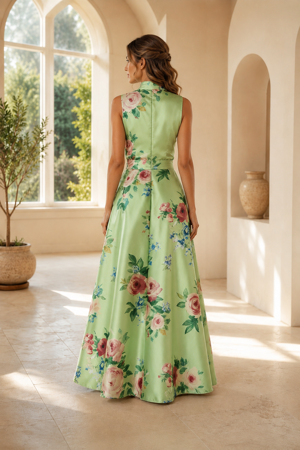 Maxikleid aus Satin mit Blumenmuster, A-Linie und hohem Halsausschnitt