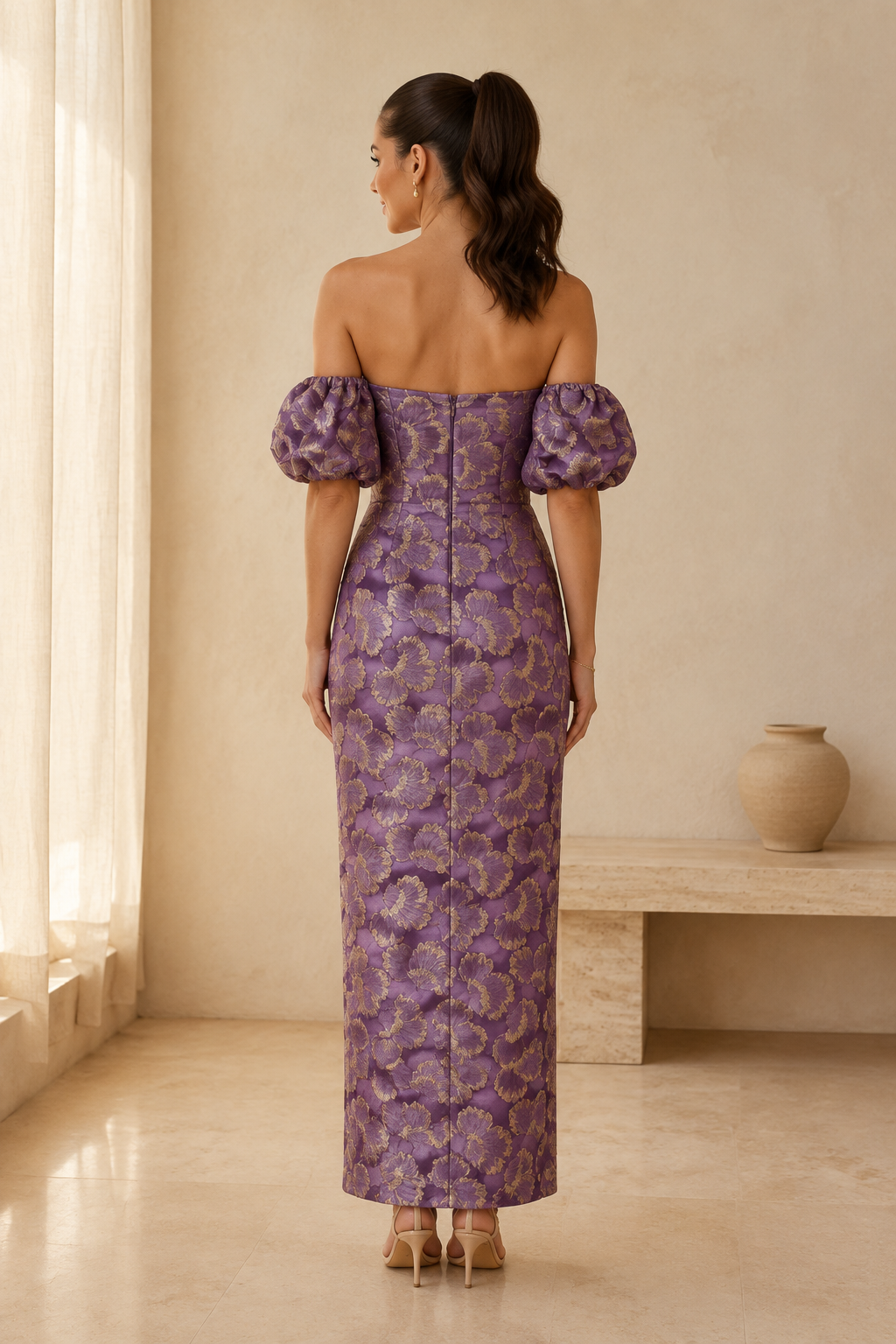 Off-Shoulder-Jacquardkleid mit Puffärmeln