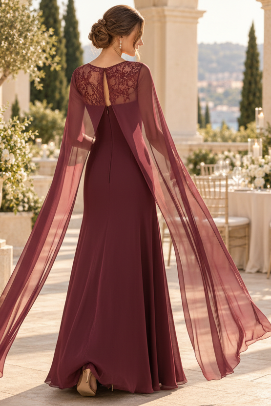 A-Line Gown with Cut-Out Neckline & Cape Sleeves
