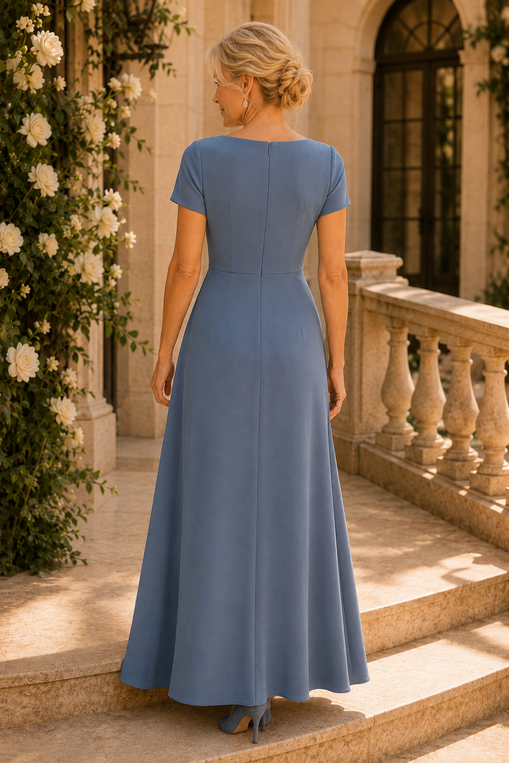 Kurzärmeliges plissiertes Abendkleid mit V-Ausschnitt und Drapierung