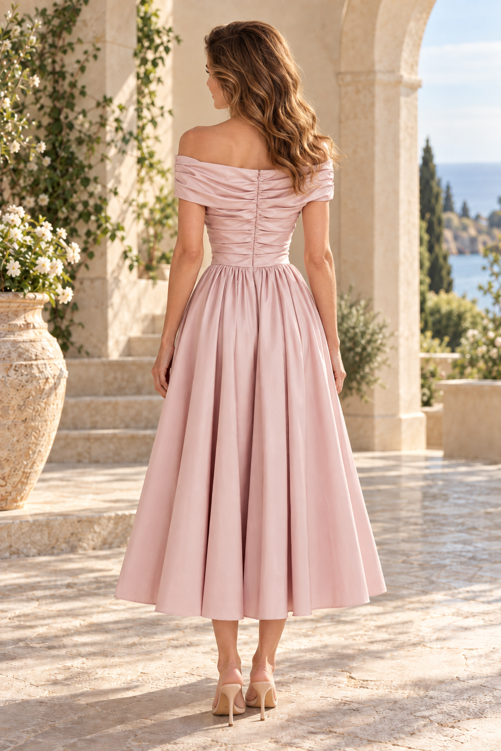 Off-the-Shoulder Ruched Bodice Tea-Length Dress