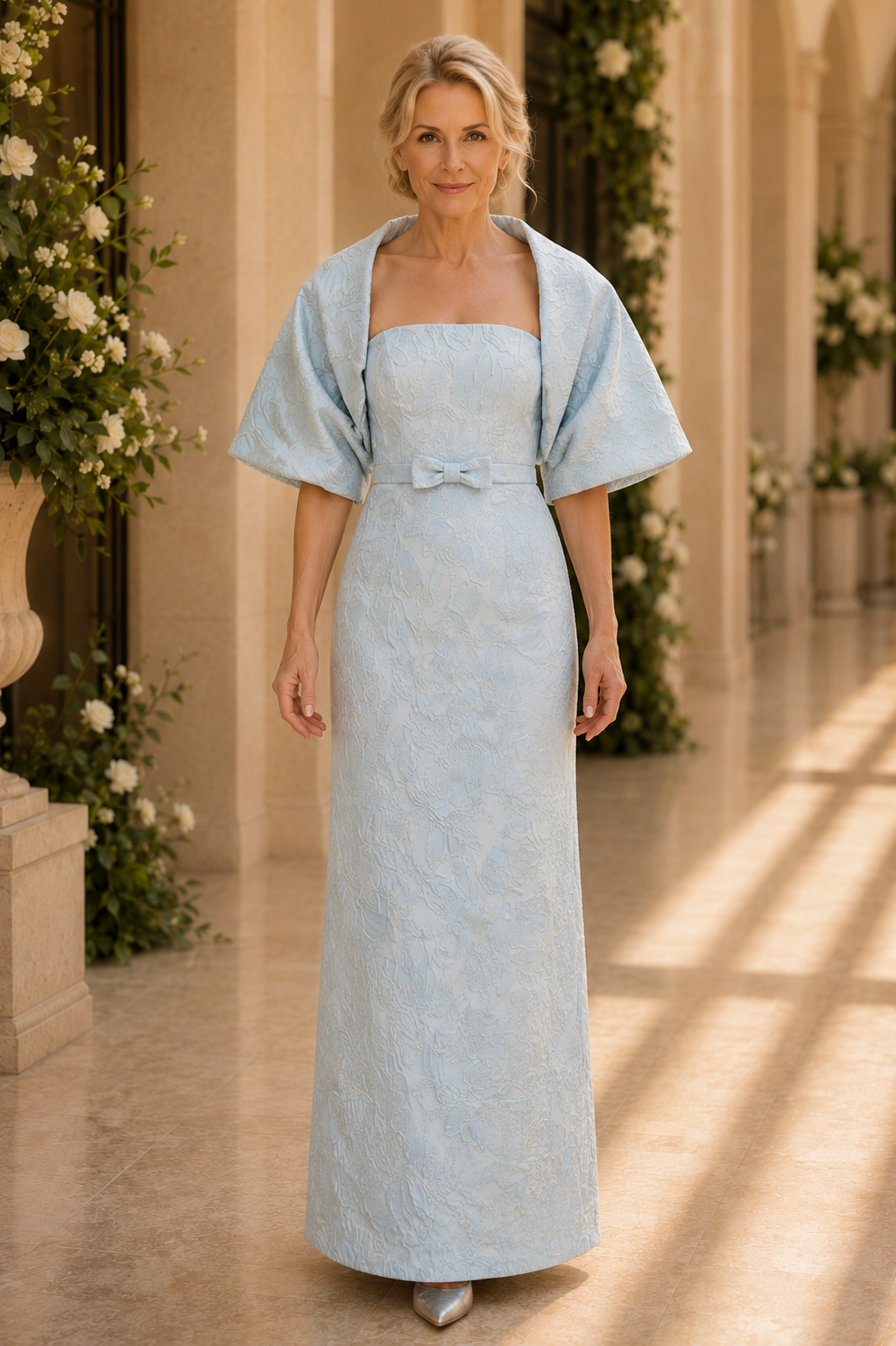 Jacquard-Säulenkleid mit Capelet und Schleifendetail